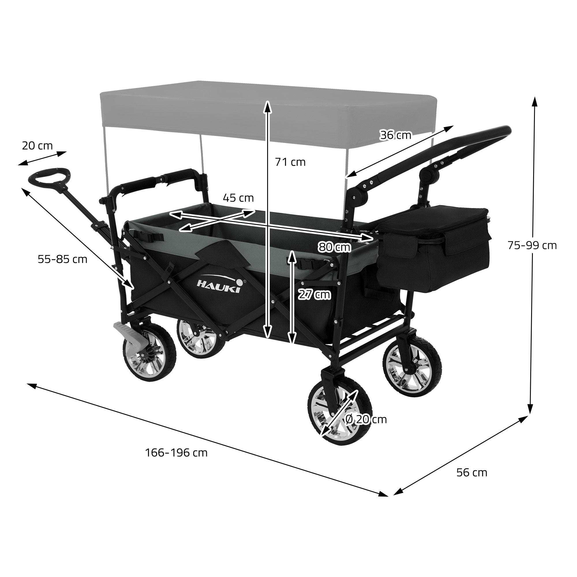 Hauki chariot pliable XXL 120kg noir-gris avec toit et sac