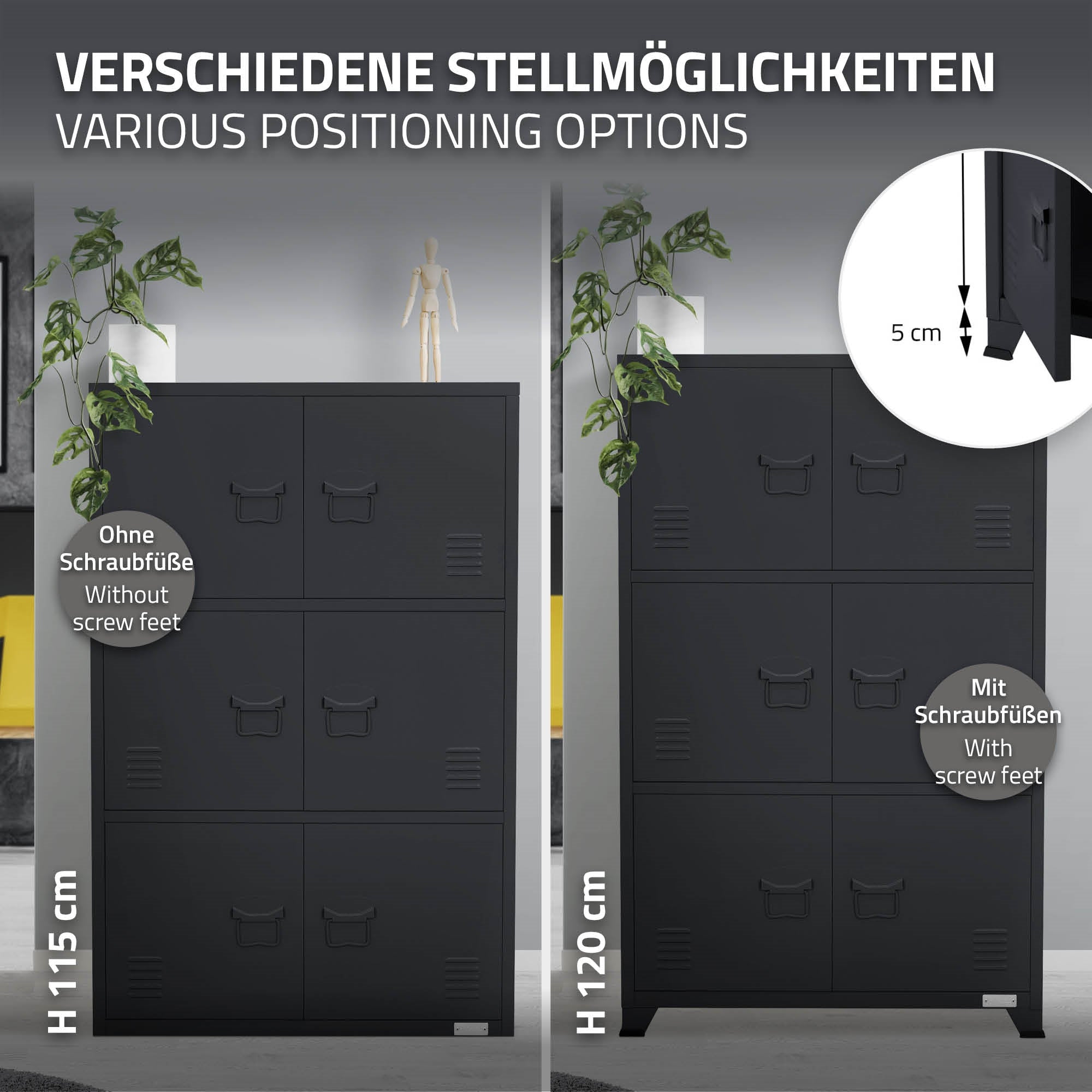 ECD Germany armoire bureau anthracite 75x40x120 cm acier 3 cases