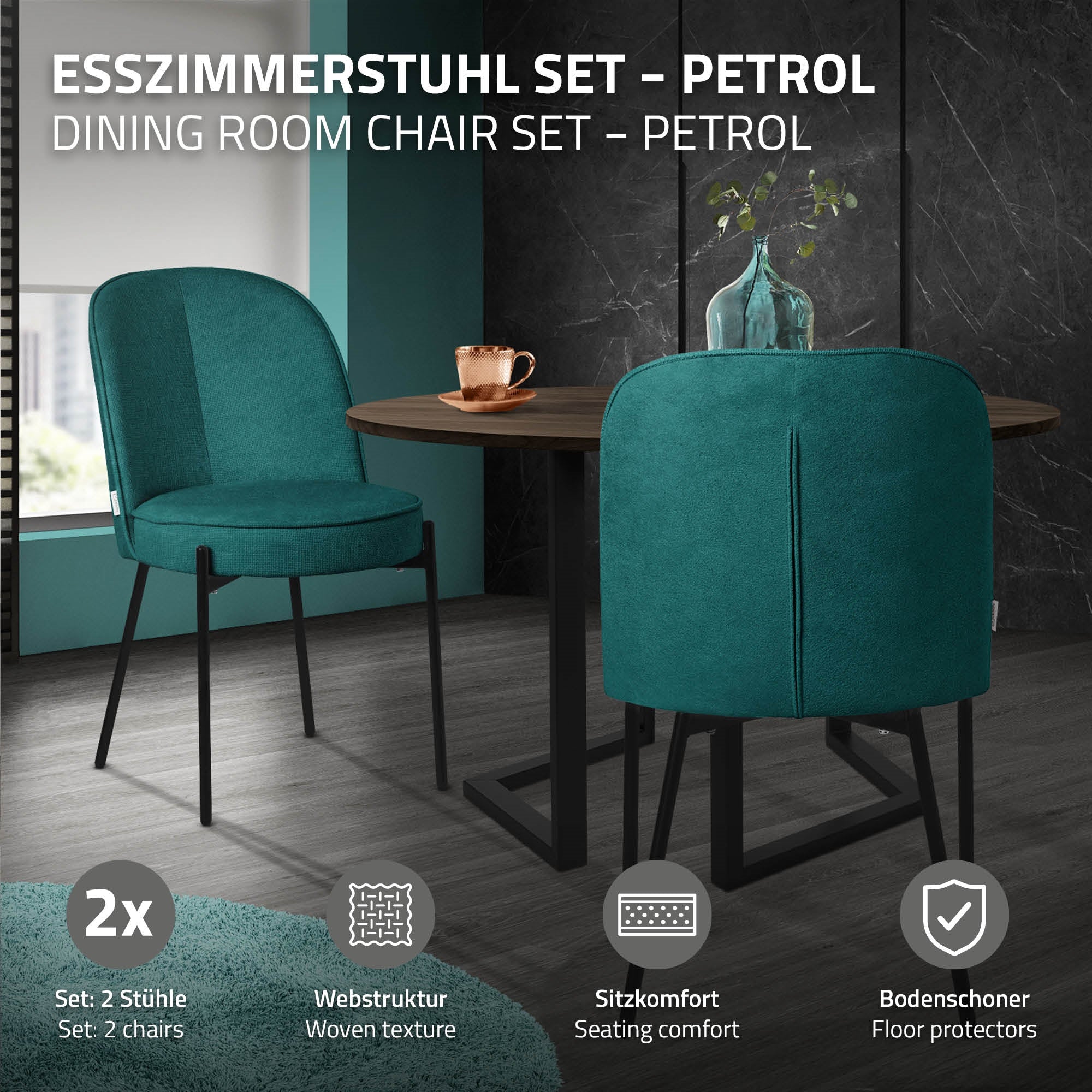 ECD Germany Möbel Lot 2 Chaises Pétrole Tissu Salle à Manger