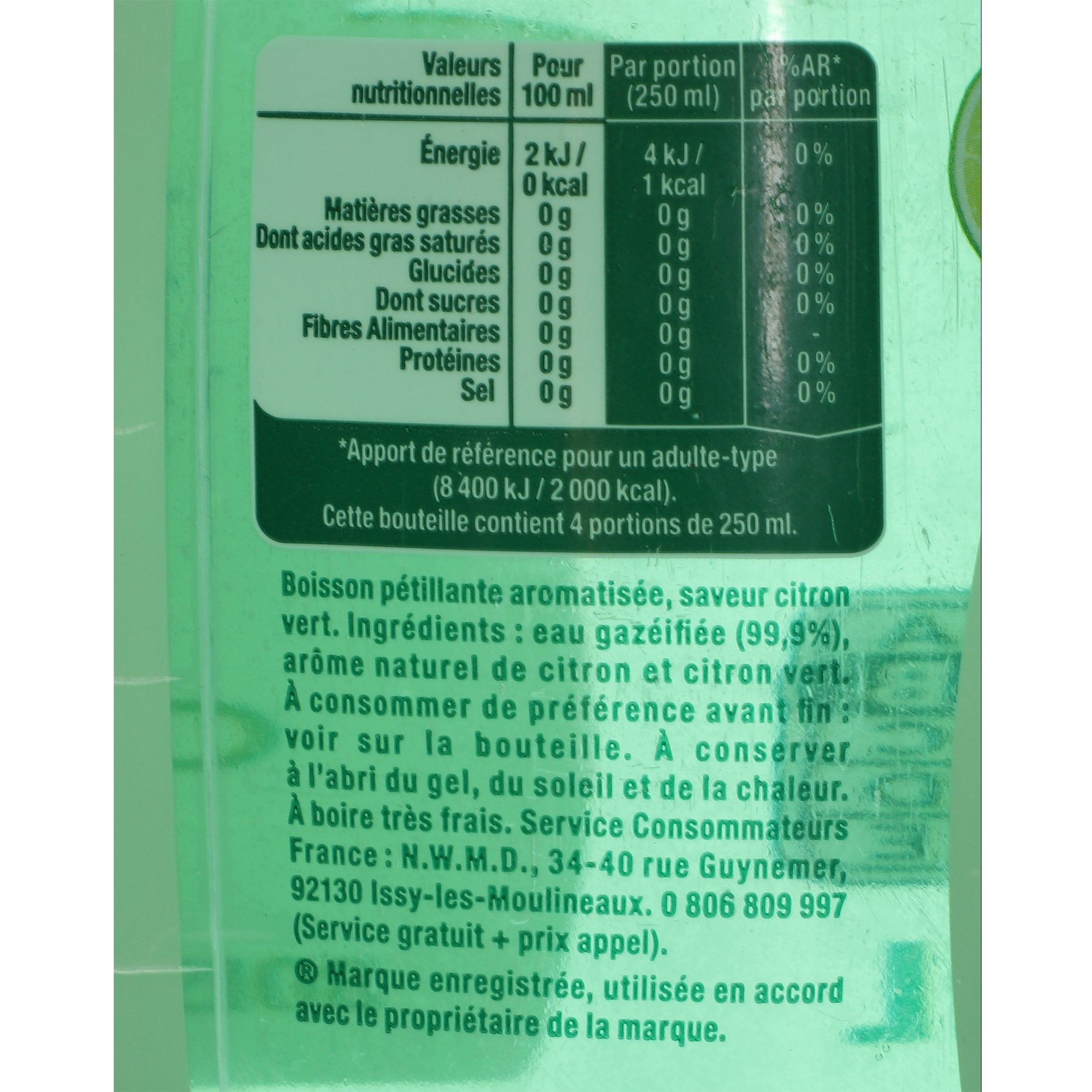Eau gazeuse citron vert 1L bouteille 1 litre