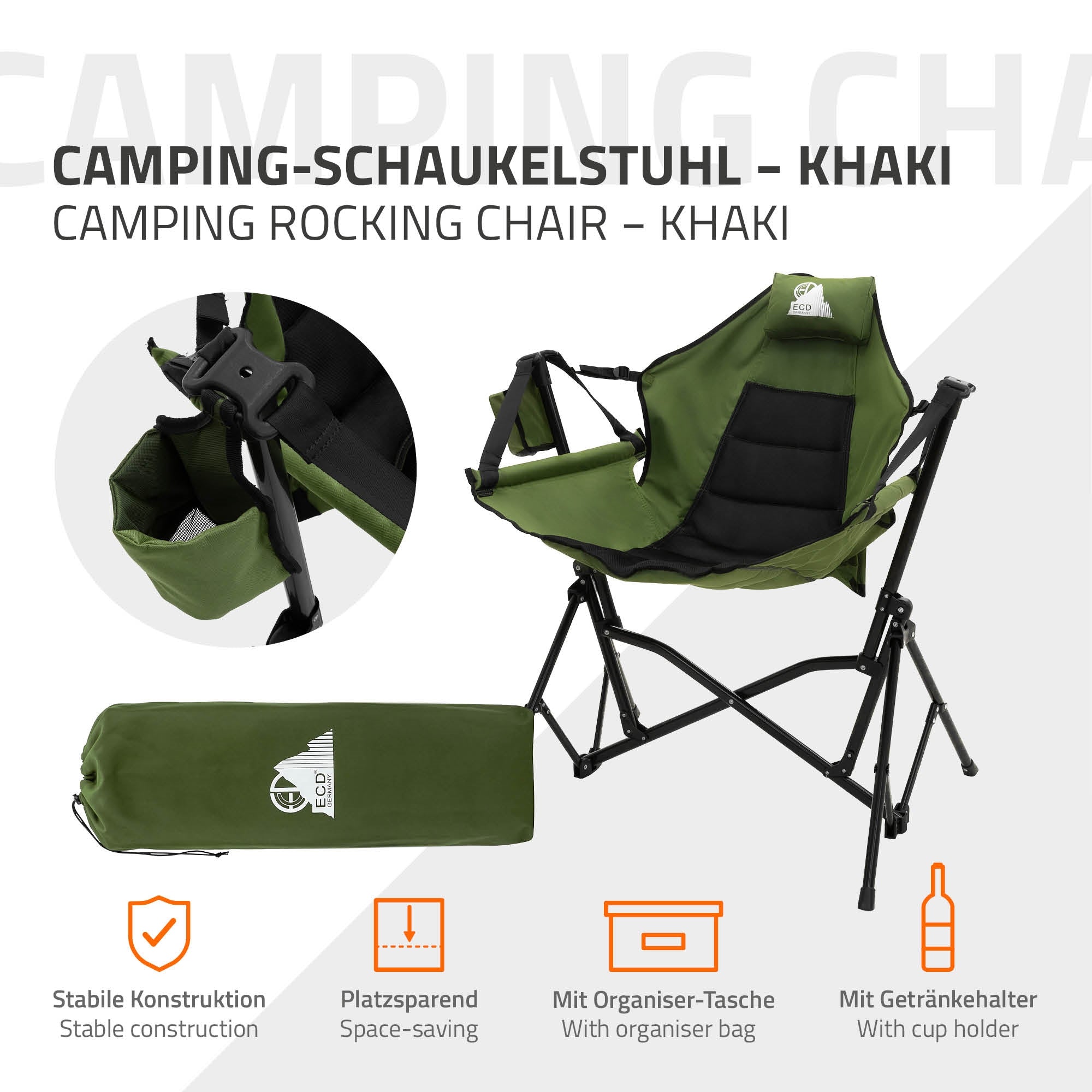 ECD Germany chaise camping pliante kaki 150 kg porte-gobelet