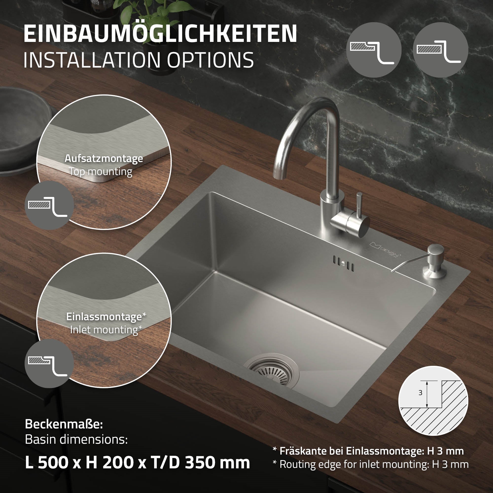 ECD Germany Sanitär Évier inox 55x45 cm argent avec distributeur