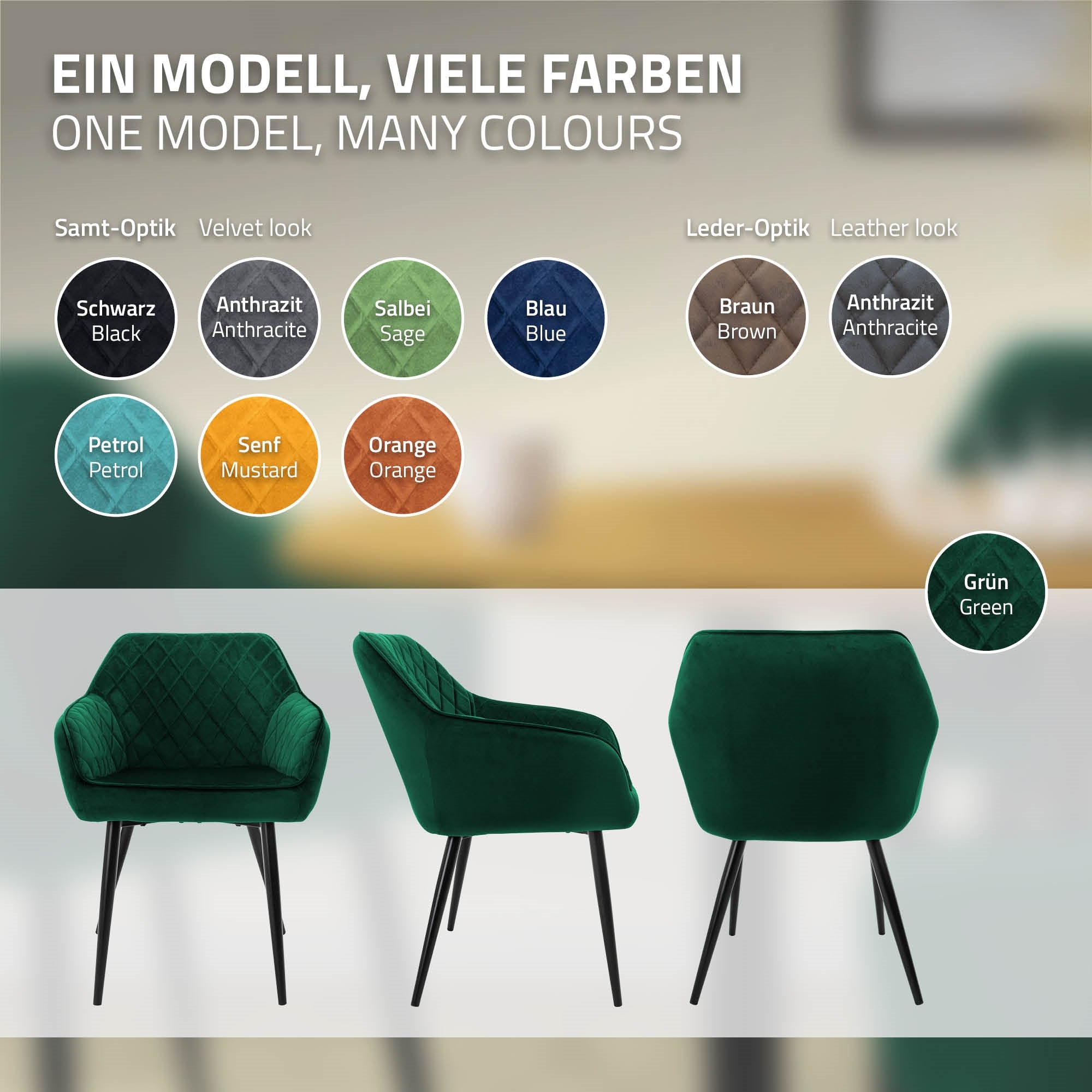 ECD Germany ML-Design chaise salle à manger velours vert lot 4