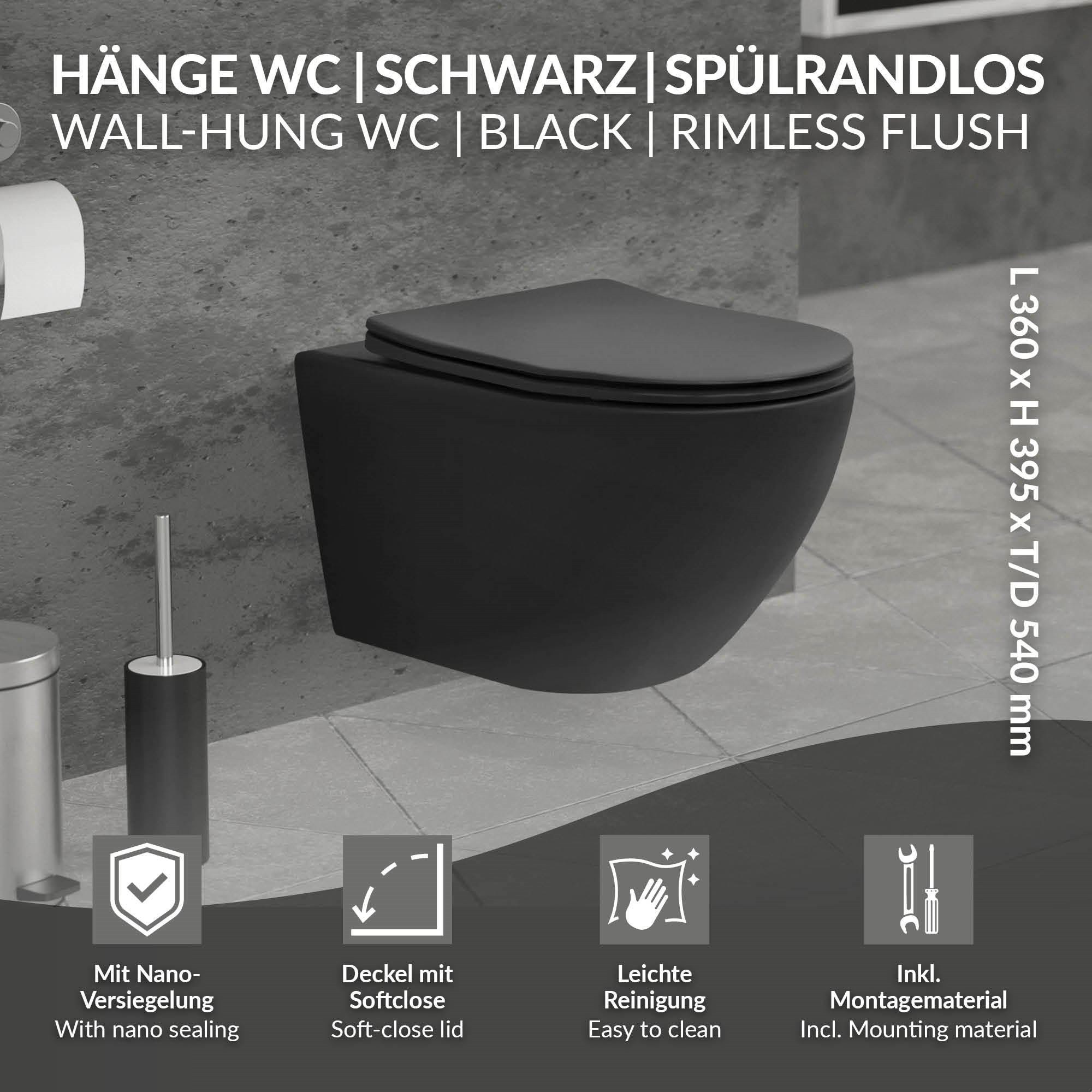 ECD Germany Sanitär WC suspendu noir mat céramique 54 cm sans bride
