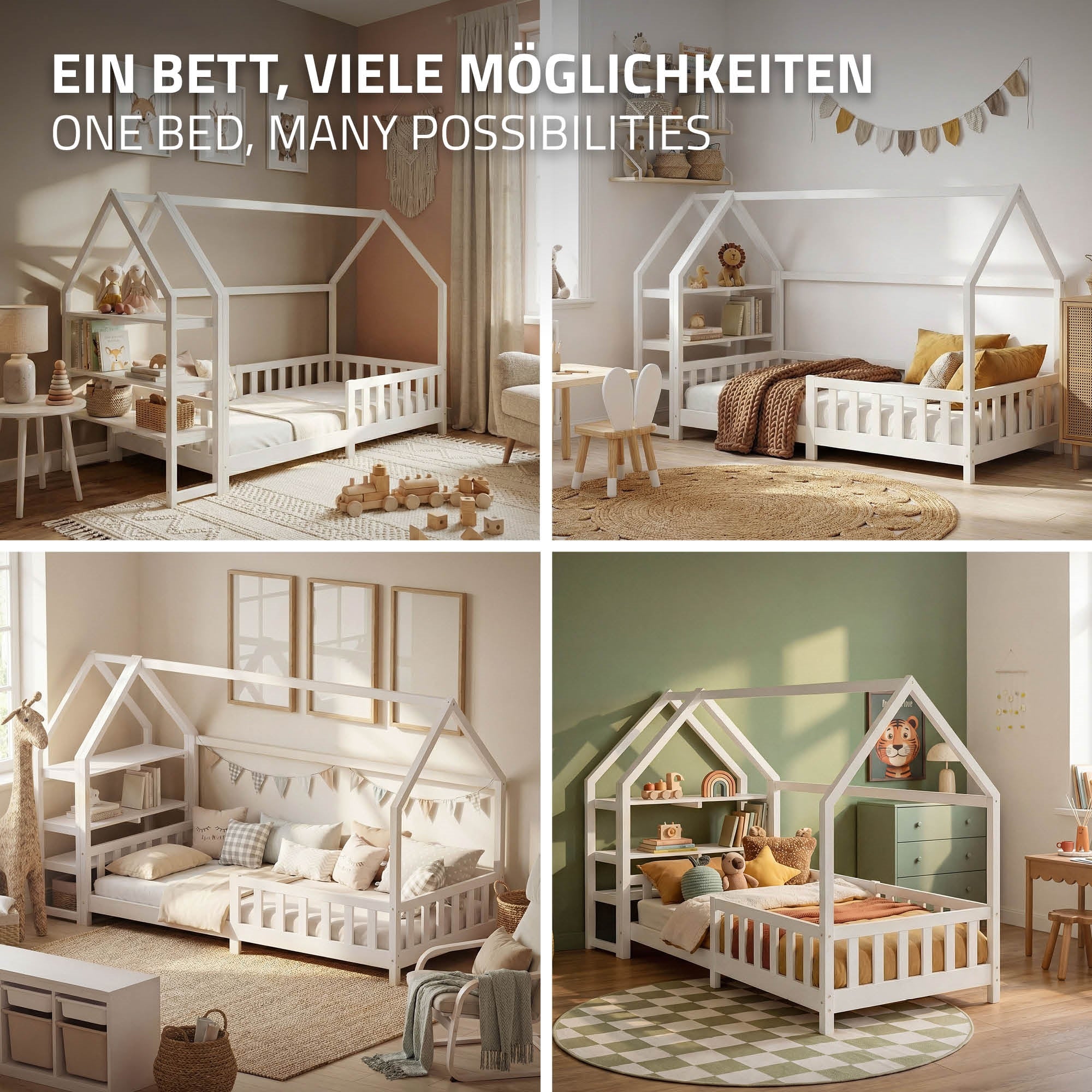ECD Germany Kinder lit cabane 90x200 blanc + matelas 16 cm