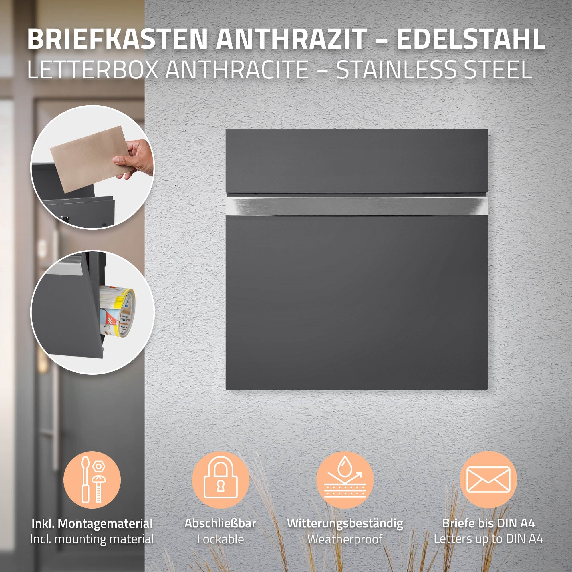 ECD Germany boîte aux lettres anthracite acier 37x36,5x11 cm