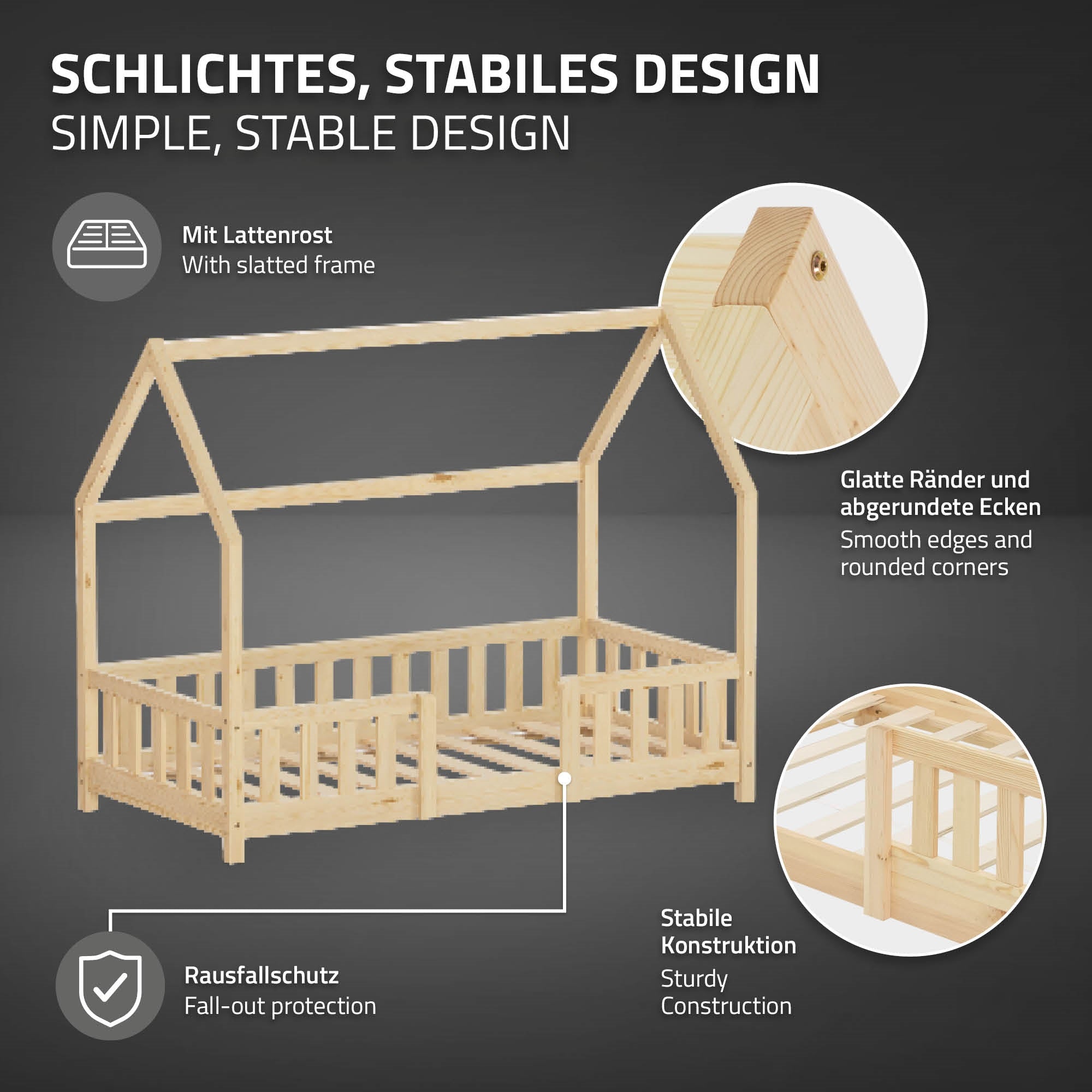 ECD Germany Kinder lit cabane 80x160 pin naturel barrière