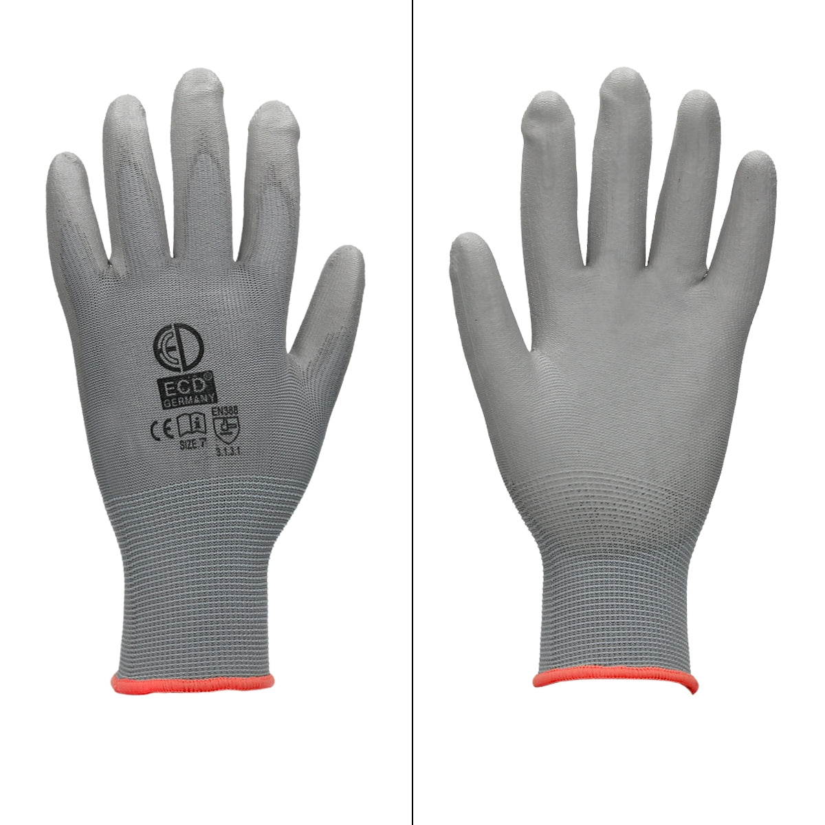 ECD Germany Werkstatt Gants montage PU gris S 4 paires polyester