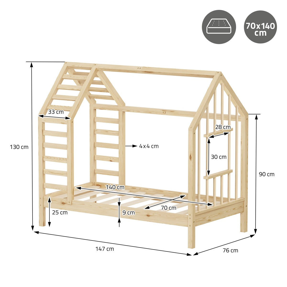 ECD Germany Kinder lit cabane 70x140 cm pin naturel avec sommier