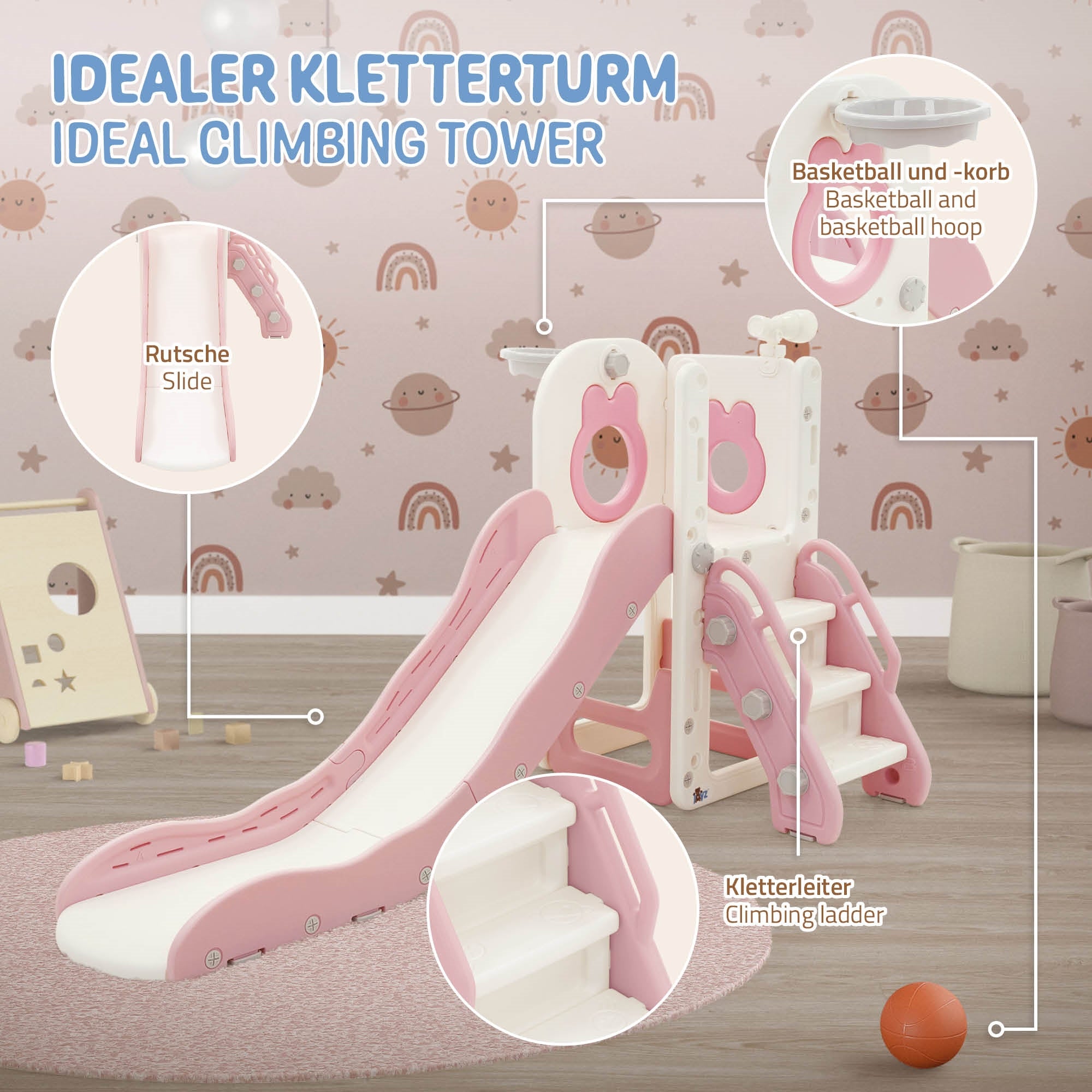 ECD Germany Kinder tour de jeu 3en1 toboggan rose-blanc