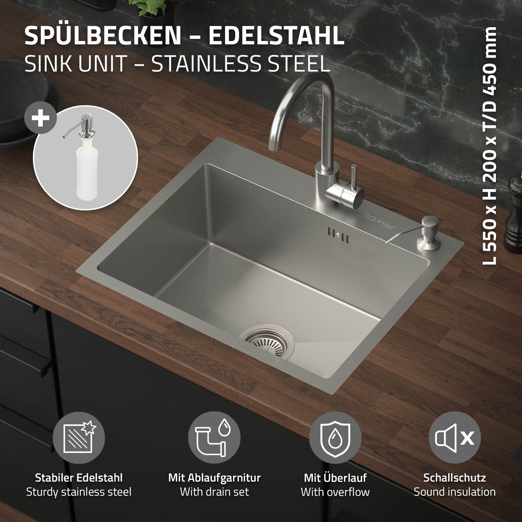 ECD Germany Sanitär Évier inox 55x45 cm argent avec distributeur