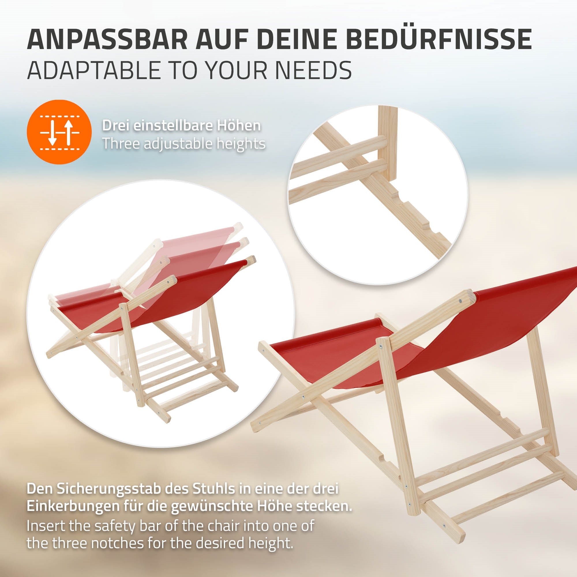 ECD Germany transat jardin bois rouge pliable 3 positions