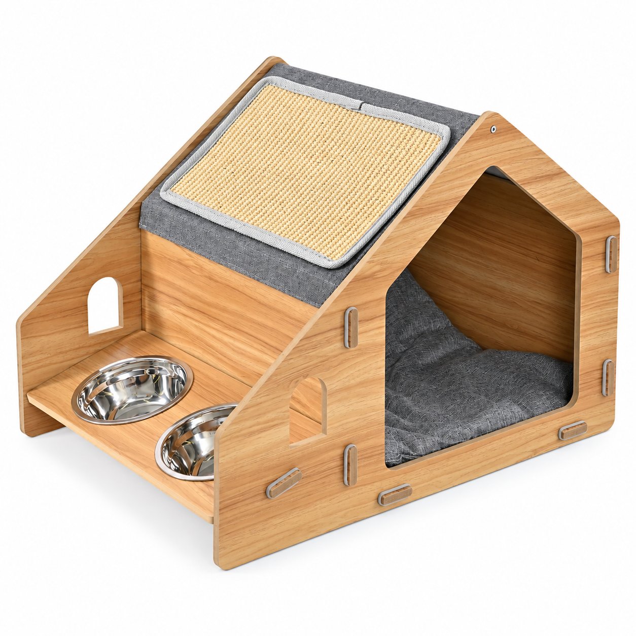 Stokomani Animalerie Maison chat bois gamelles griffoir