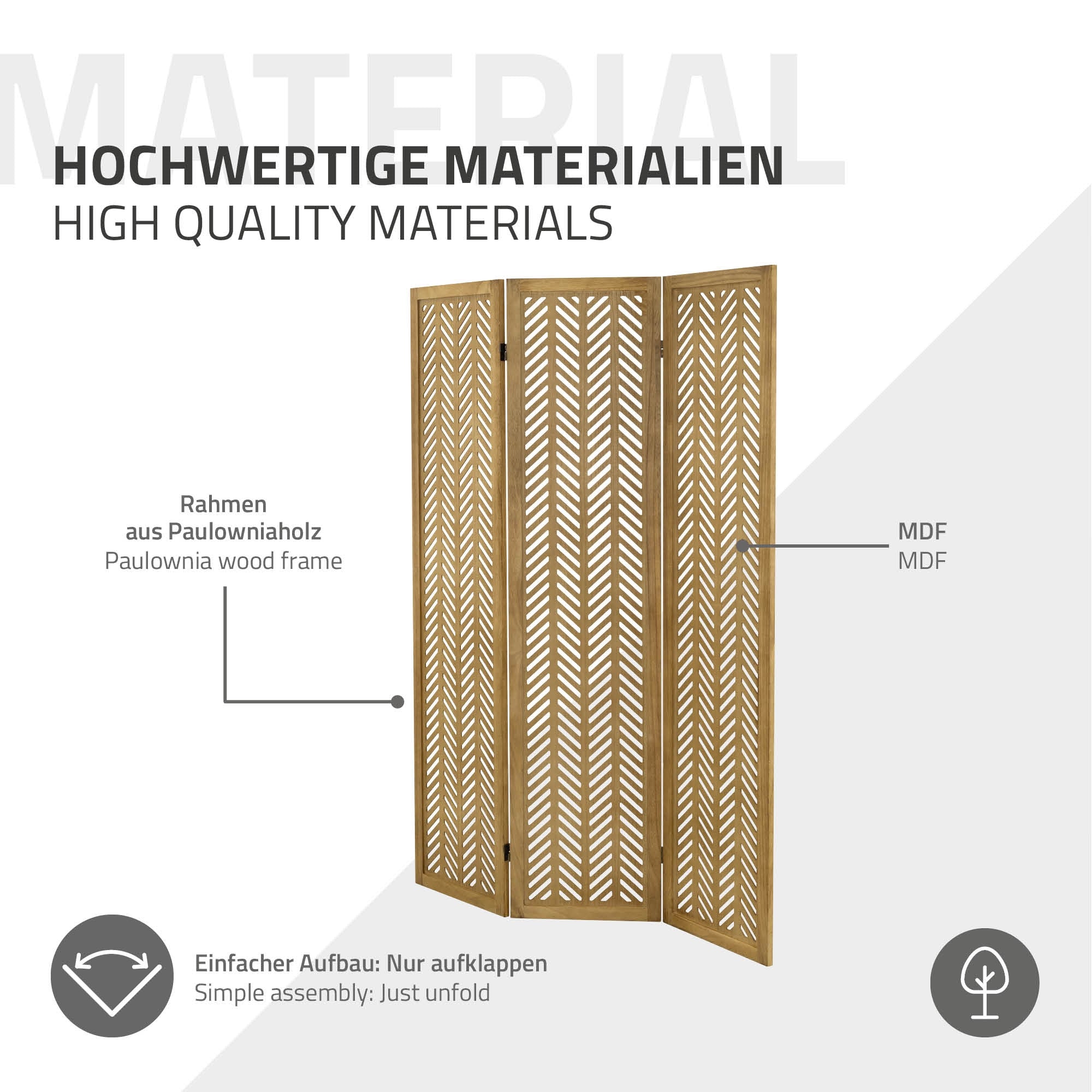 ECD Germany Kobe paravent bois 3 panneaux marron 170x121 cm