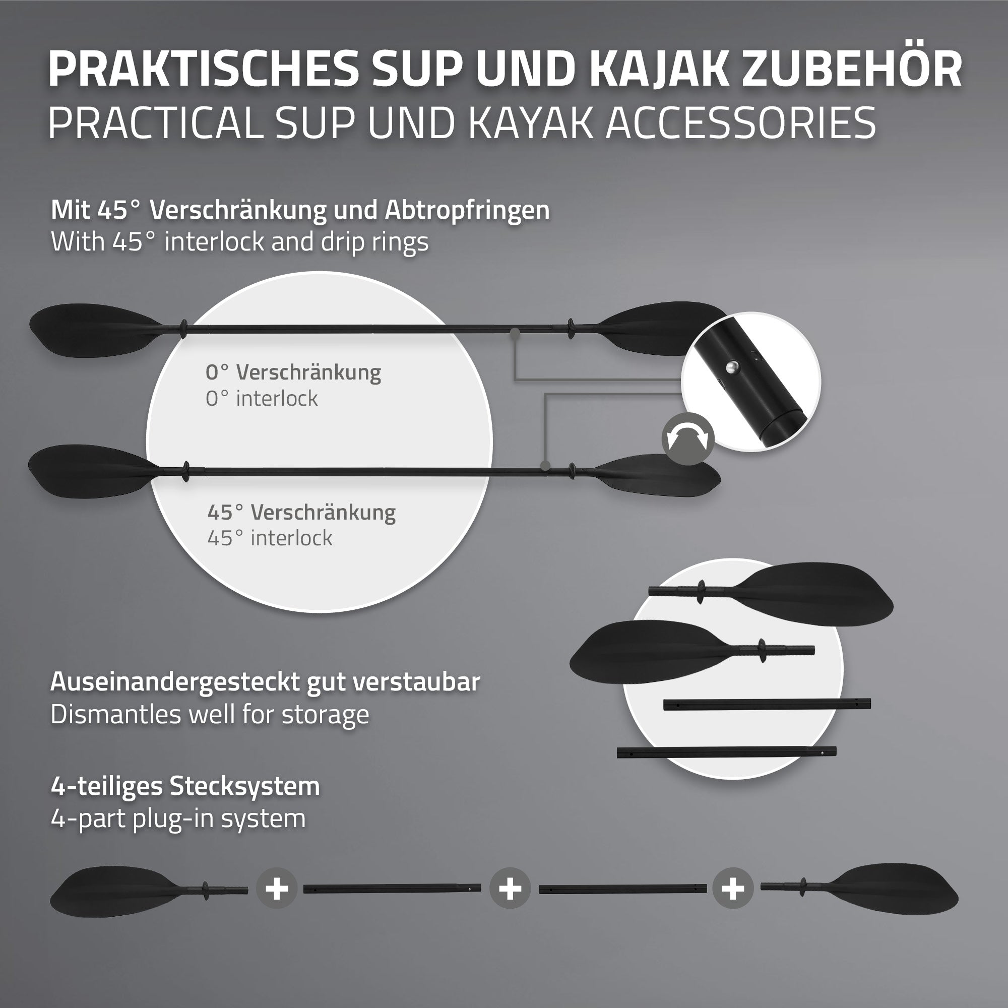 ECD Germany SUP pagaie kayak double 220cm noire alu 4 parties