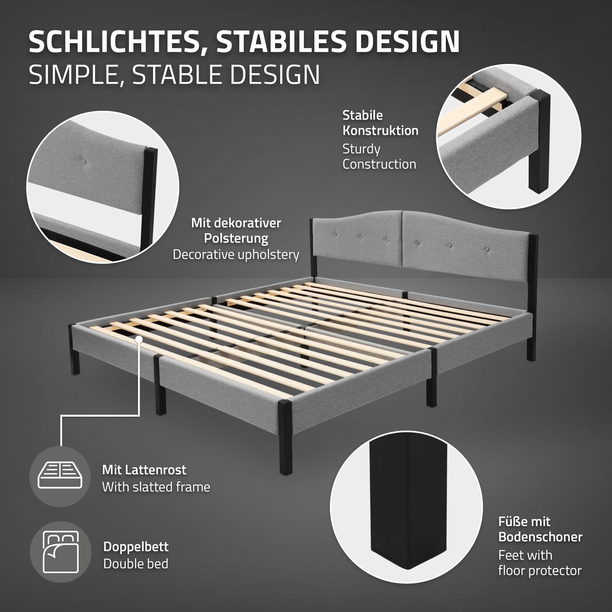 ECD Germany ML-Design lit capitonné gris 180x200 sans matelas