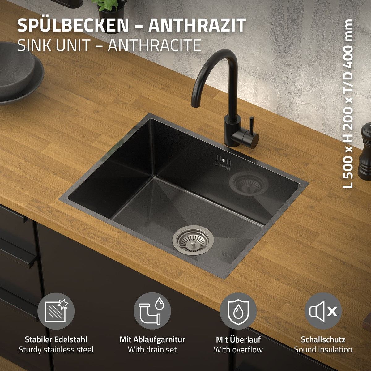 ECD Germany Sanitär Évier inox 50x40 cm anthracite à encastrer