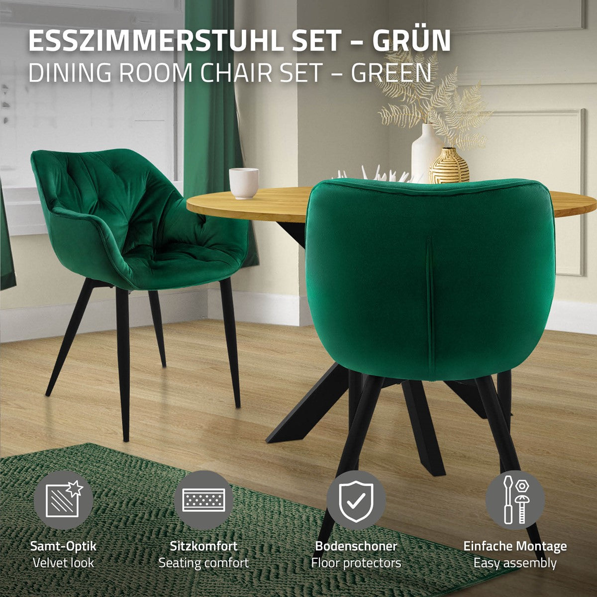 ECD Germany Möbel Chaise Salle à Manger Vert Foncé Lot 2 Velours