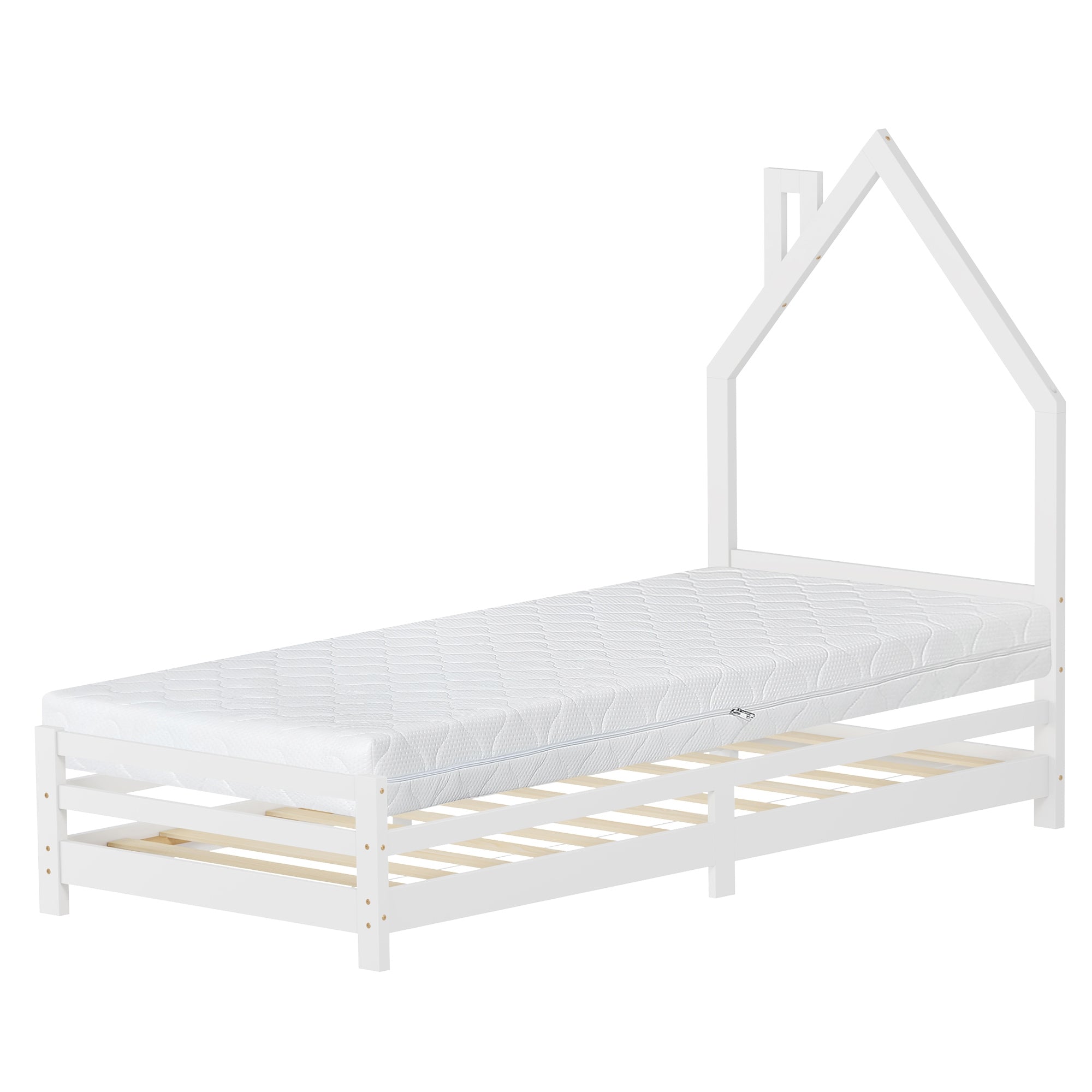 ECD Germany Kinder lit cabane pin 90x200cm avec sommier blanc