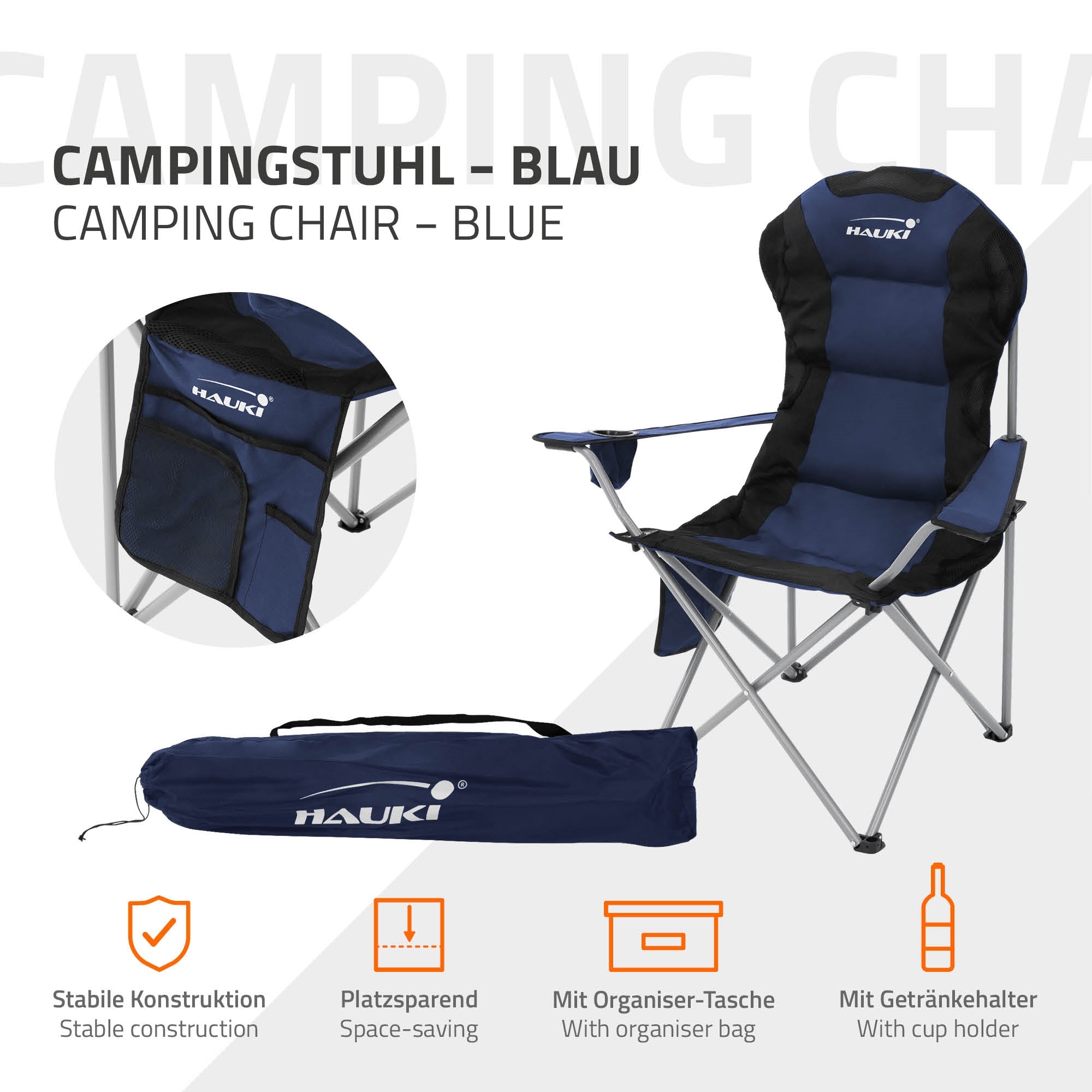Hauki chaise camping pliante bleue 150 kg porte-gobelet