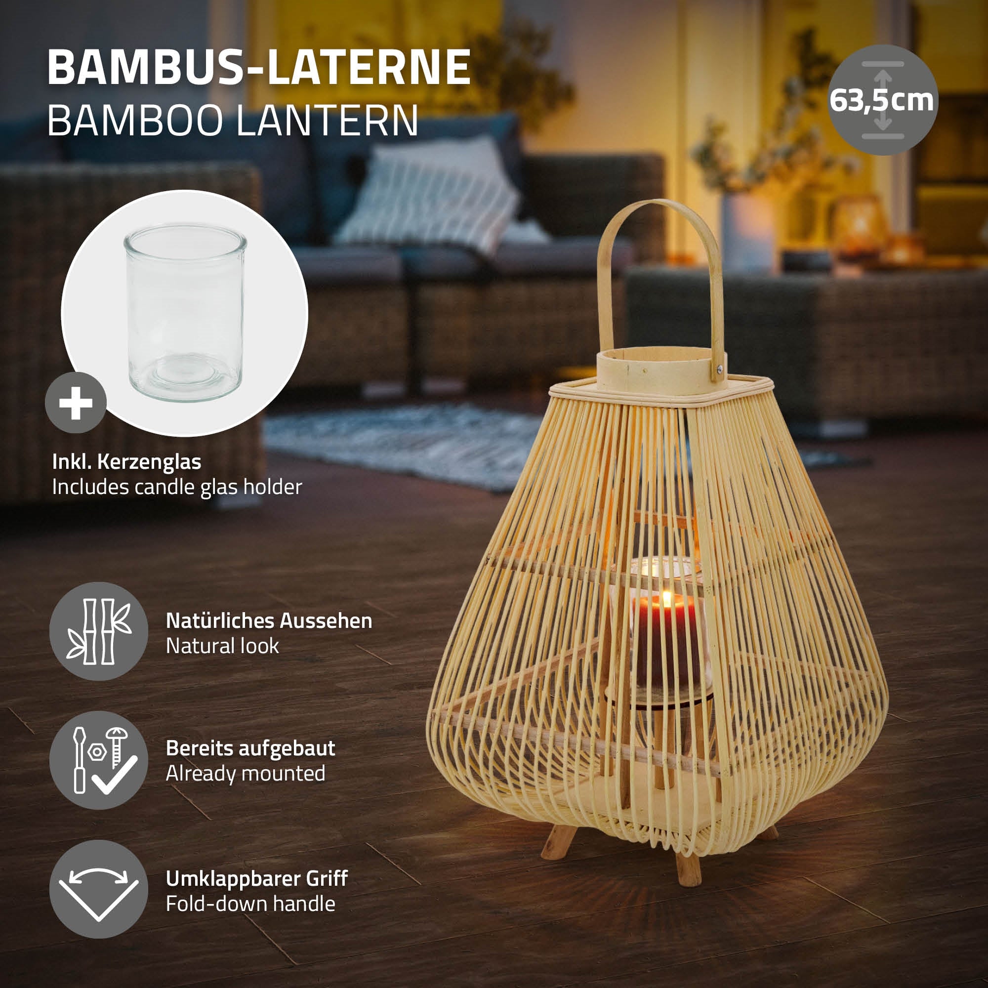 ECD Germany Garten lanterne bambou 63,5 cm + verre