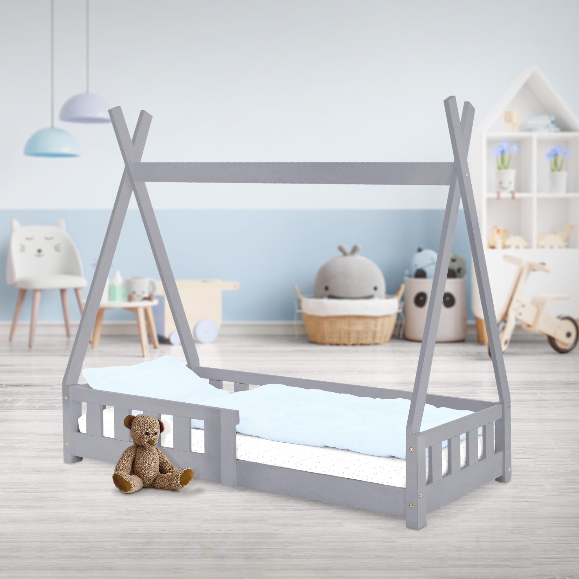 ECD Germany Kinder lit tipi enfant 70x140 gris clair pin