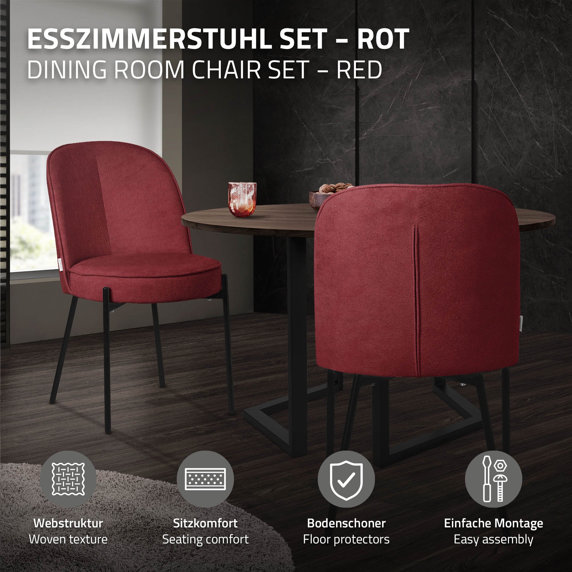 ML-Design chaise salle à manger rouge lot 6 tissu