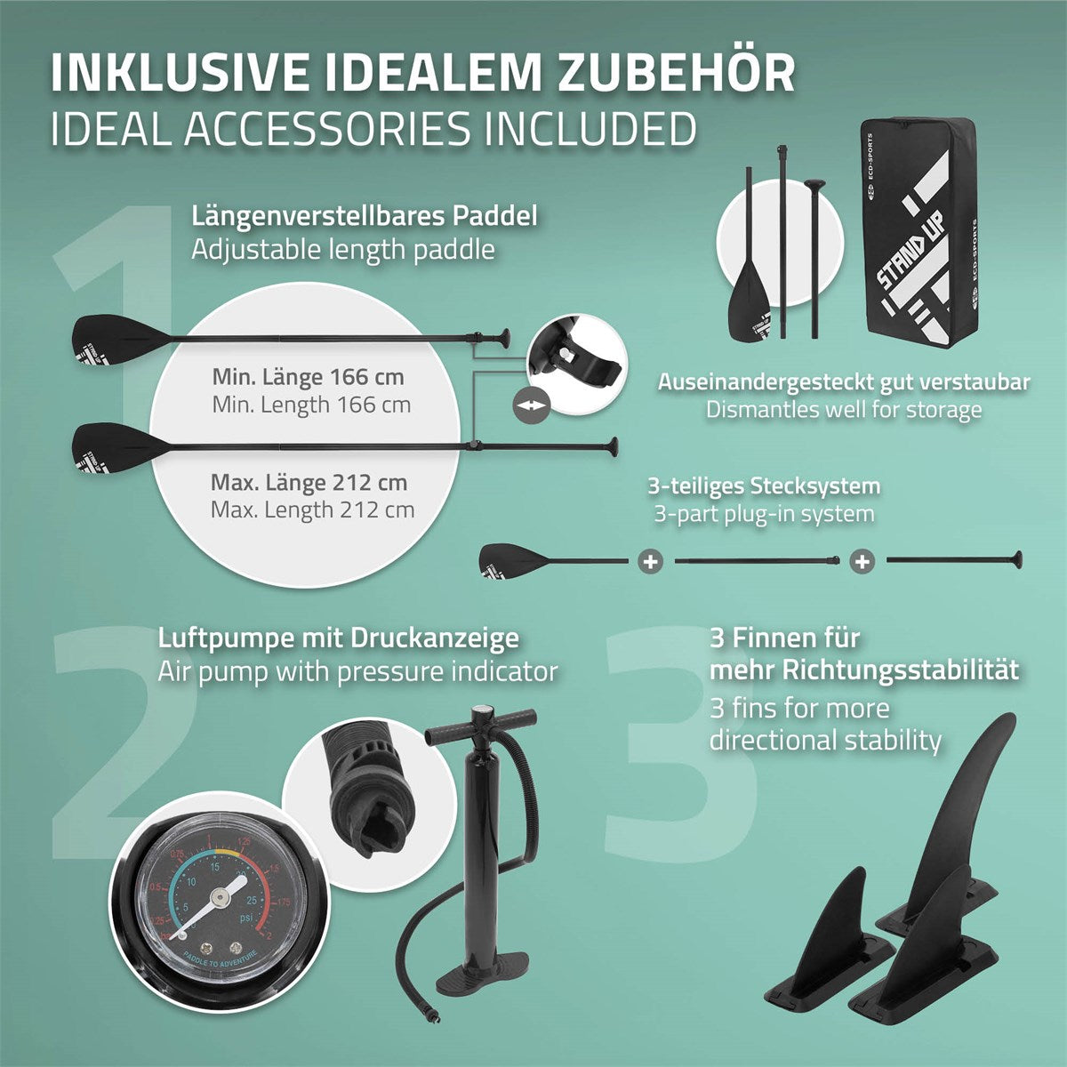 ECD Germany SUP paddle gonflable 308cm rose mint PVC + pompe