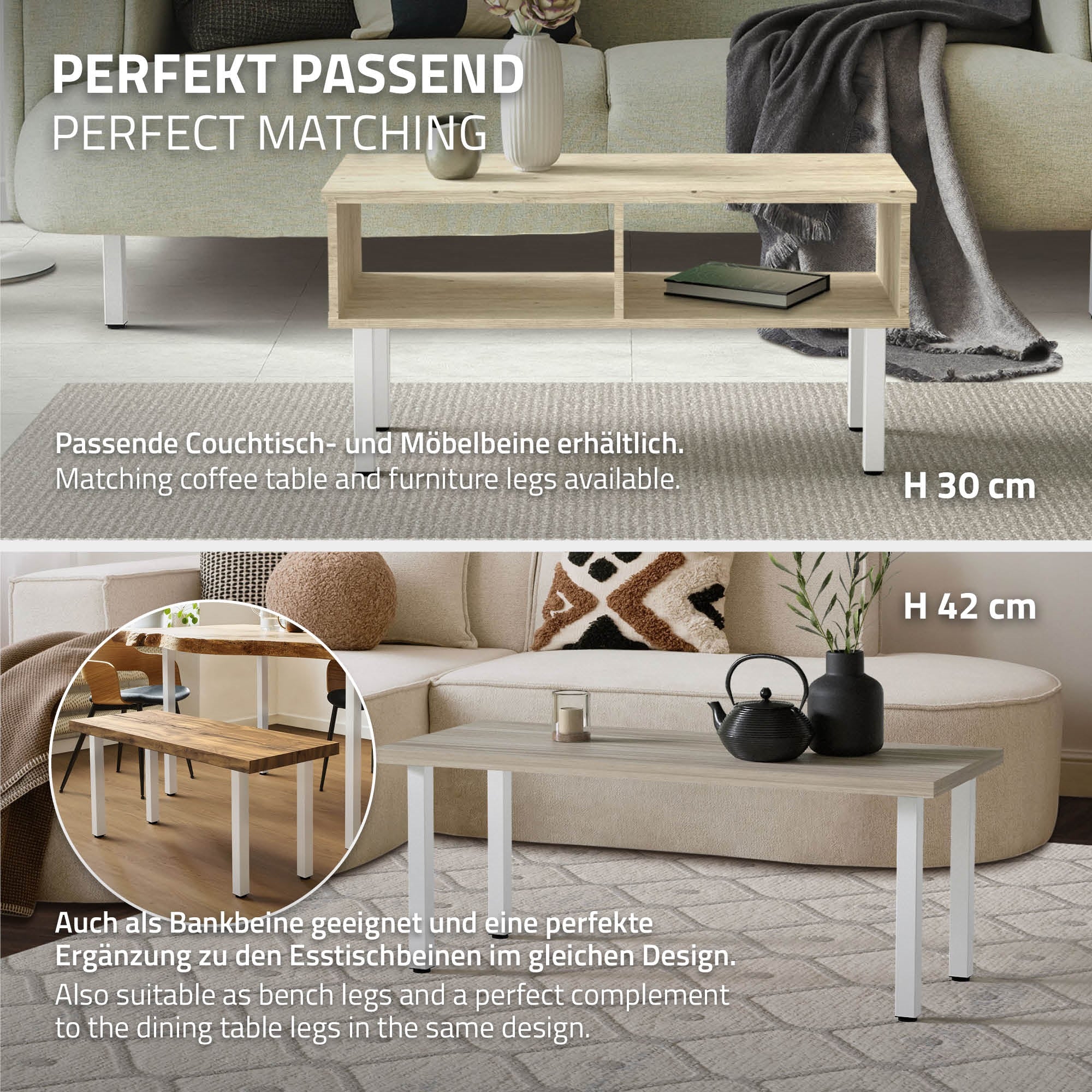 ECD Germany Möbel Pieds de table blancs 72 cm lot de 4 acier