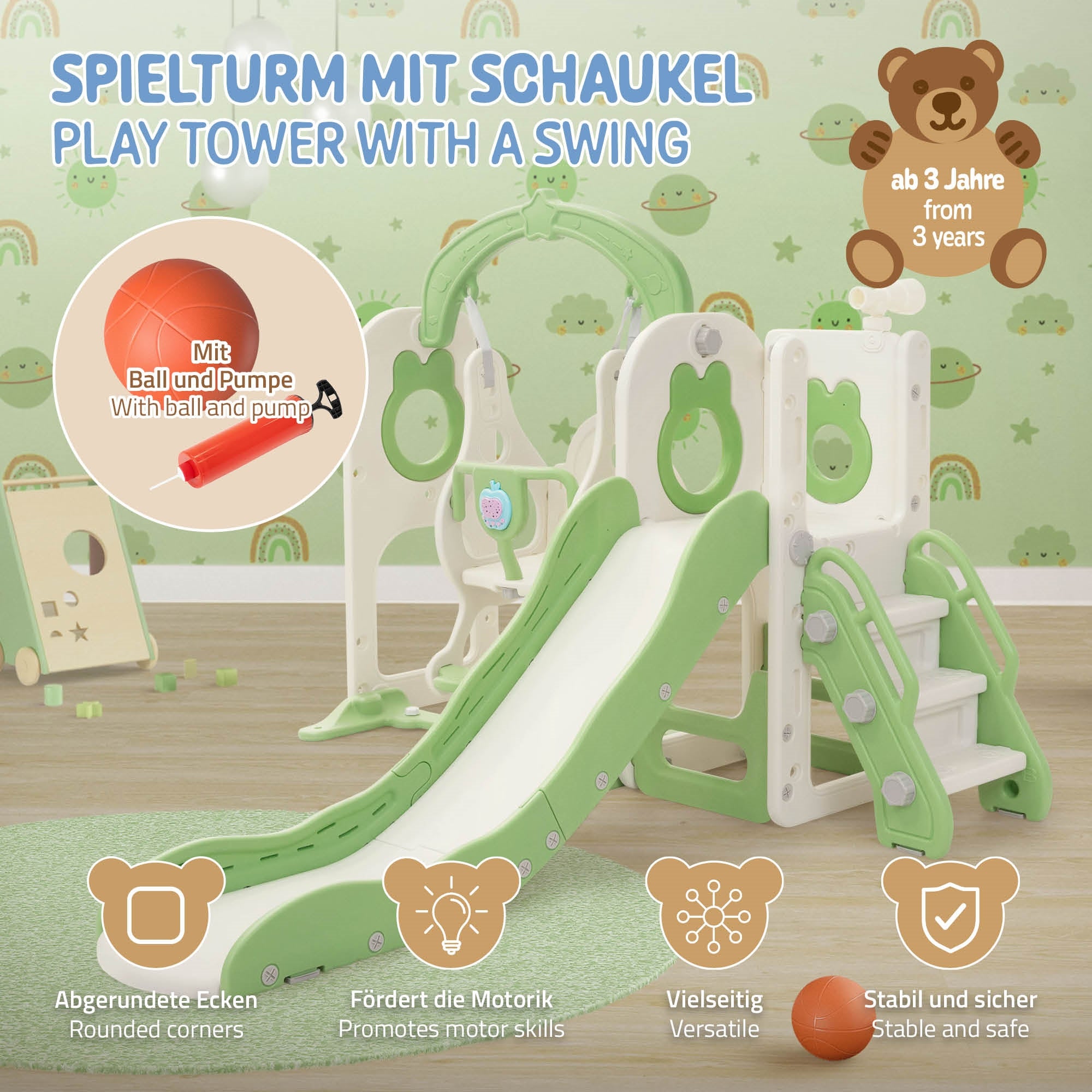 ECD Germany Kinder toboggan balançoire 5en1 vert clair