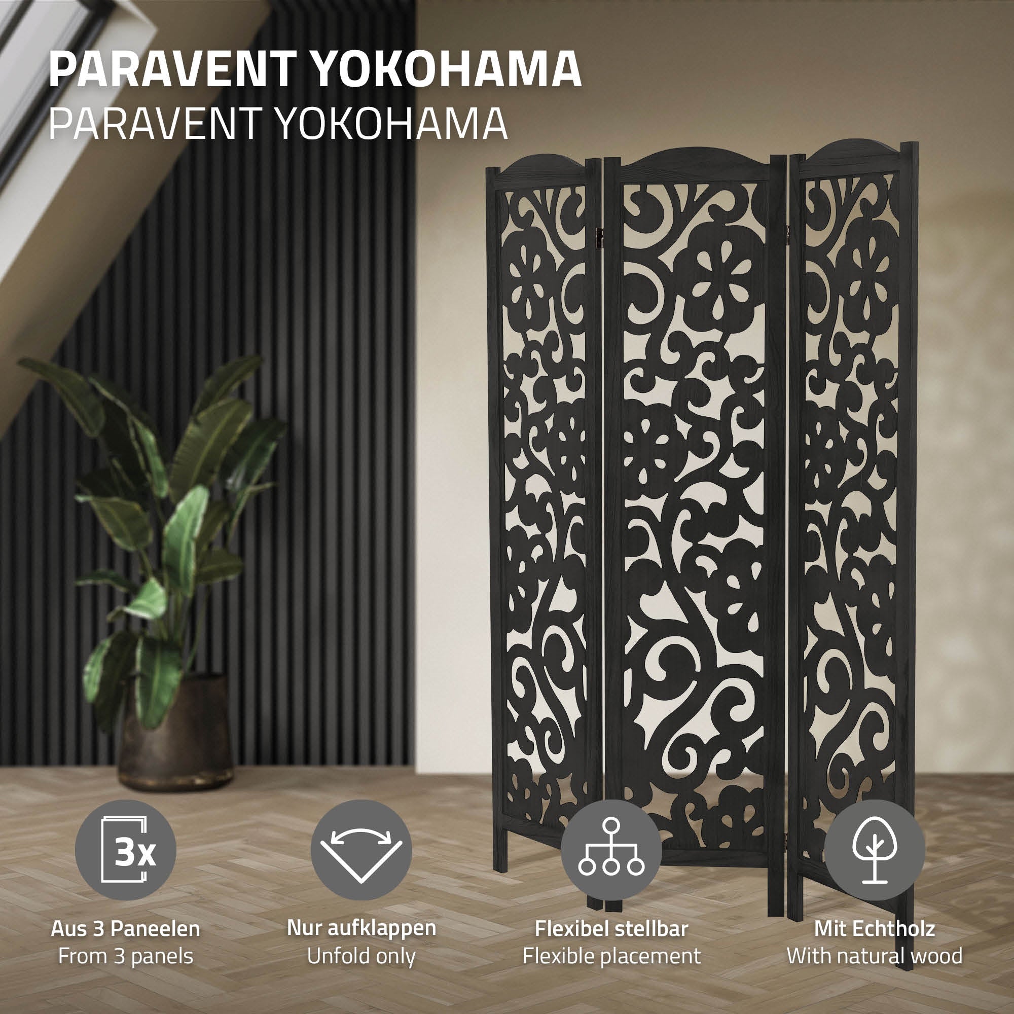 ECD Germany Möbel paravent Yokohama 3 panneaux noir 172x121 cm
