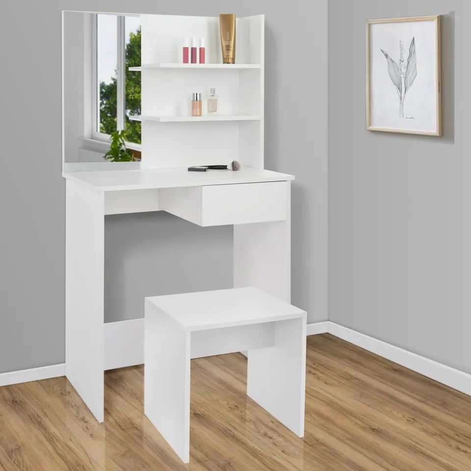 ECD Germany ML-Design Coiffeuse Blanche Miroir + Tabouret 75x40