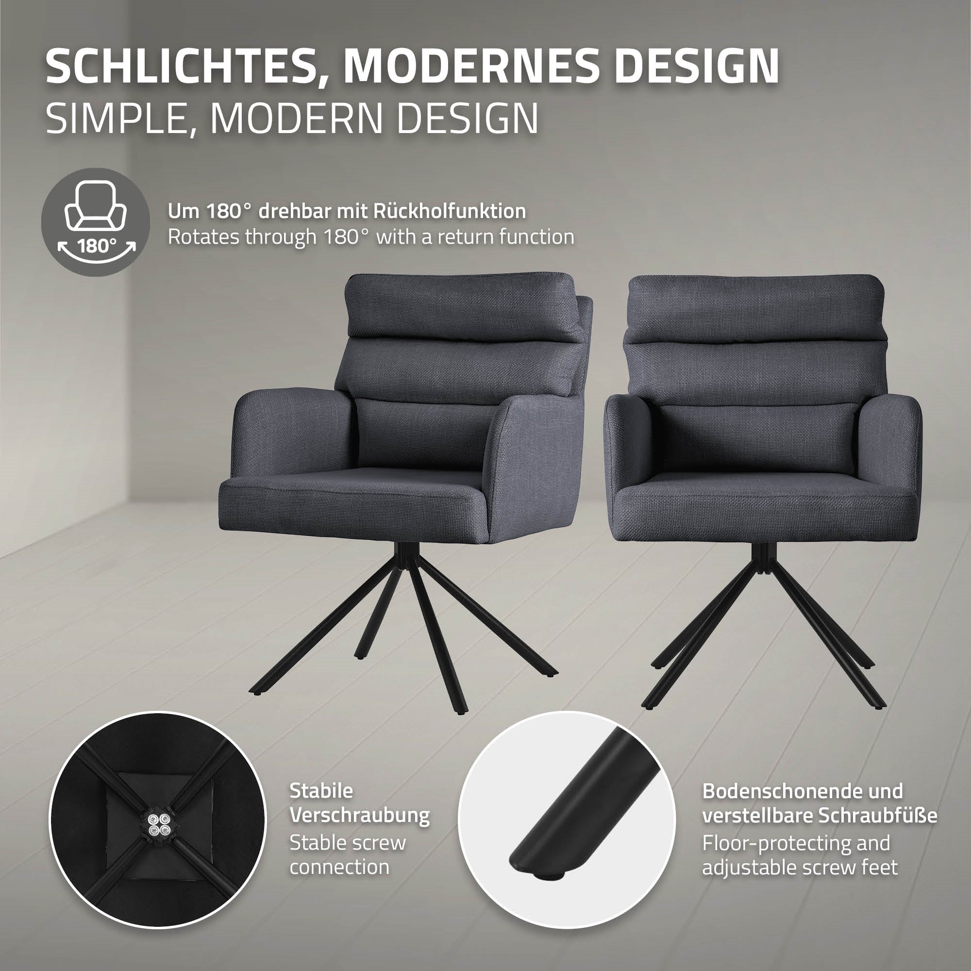 ECD Germany Chaise salle à manger pivotante anthracite 120kg