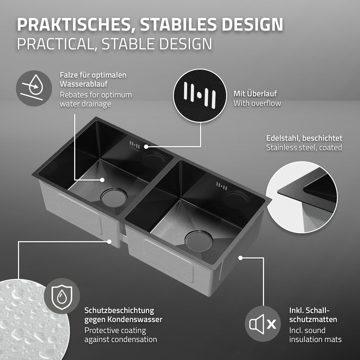 ECD Germany évier cuisine double bac inox anthracite 81,5 cm