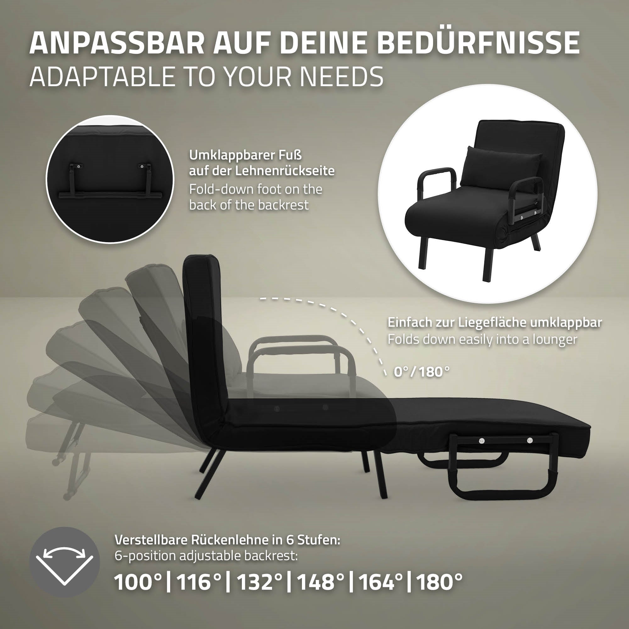 ECD Germany ML-Design fauteuil lit chenille noir 186x60 cm convertible