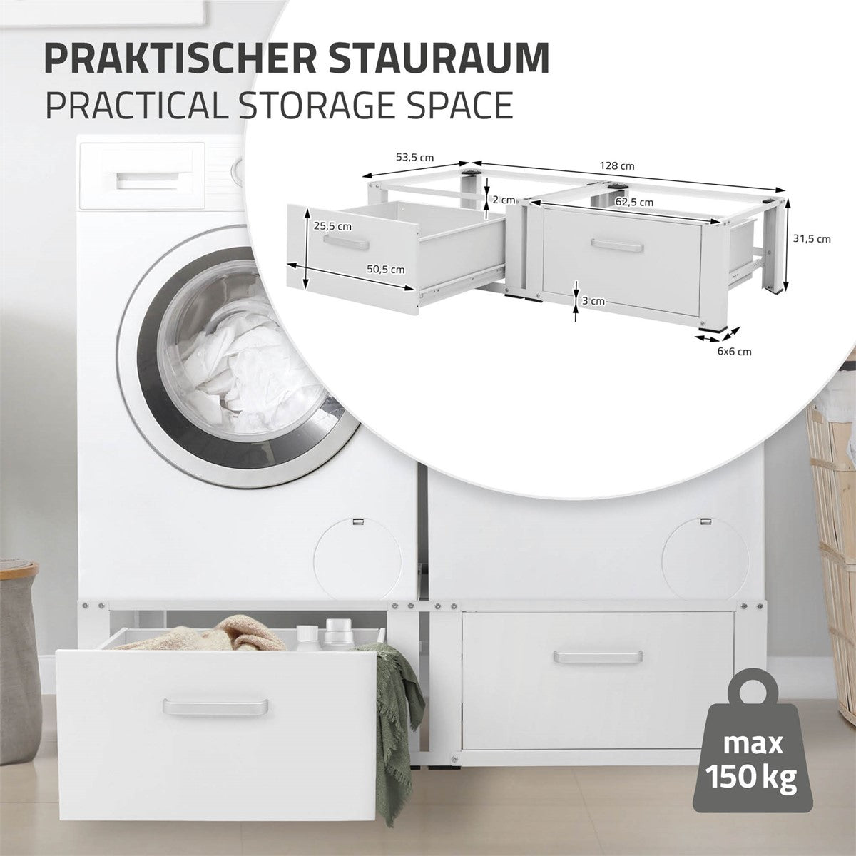 ECD Germany Möbel rehausseur lave-linge double noir 128 cm tiroirs