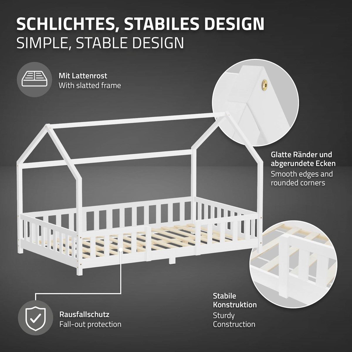 ECD Germany Kinder lit cabane 120x200 cm pin blanc barrière