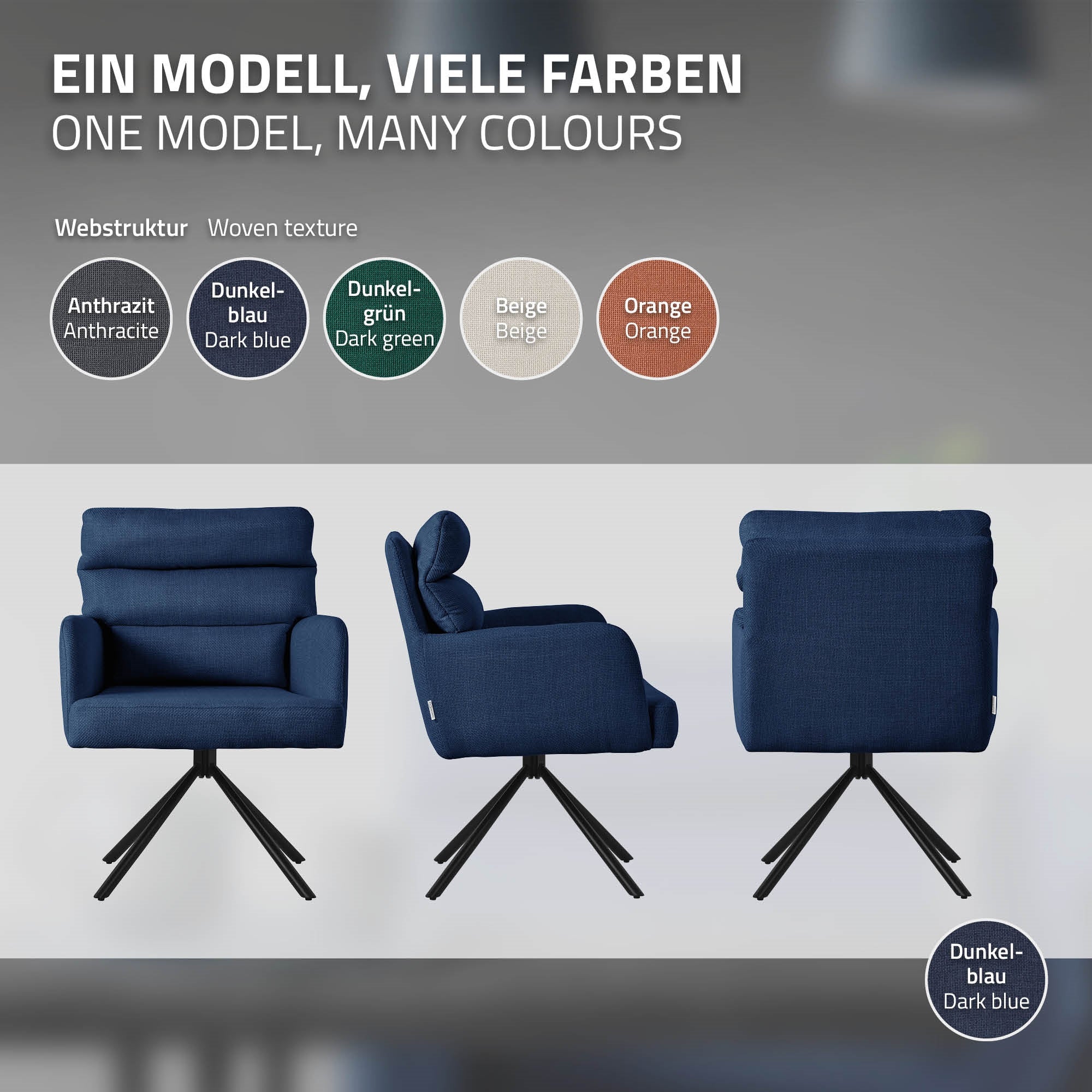 ECD Germany chaise salle à manger bleu foncé pivotante tissu