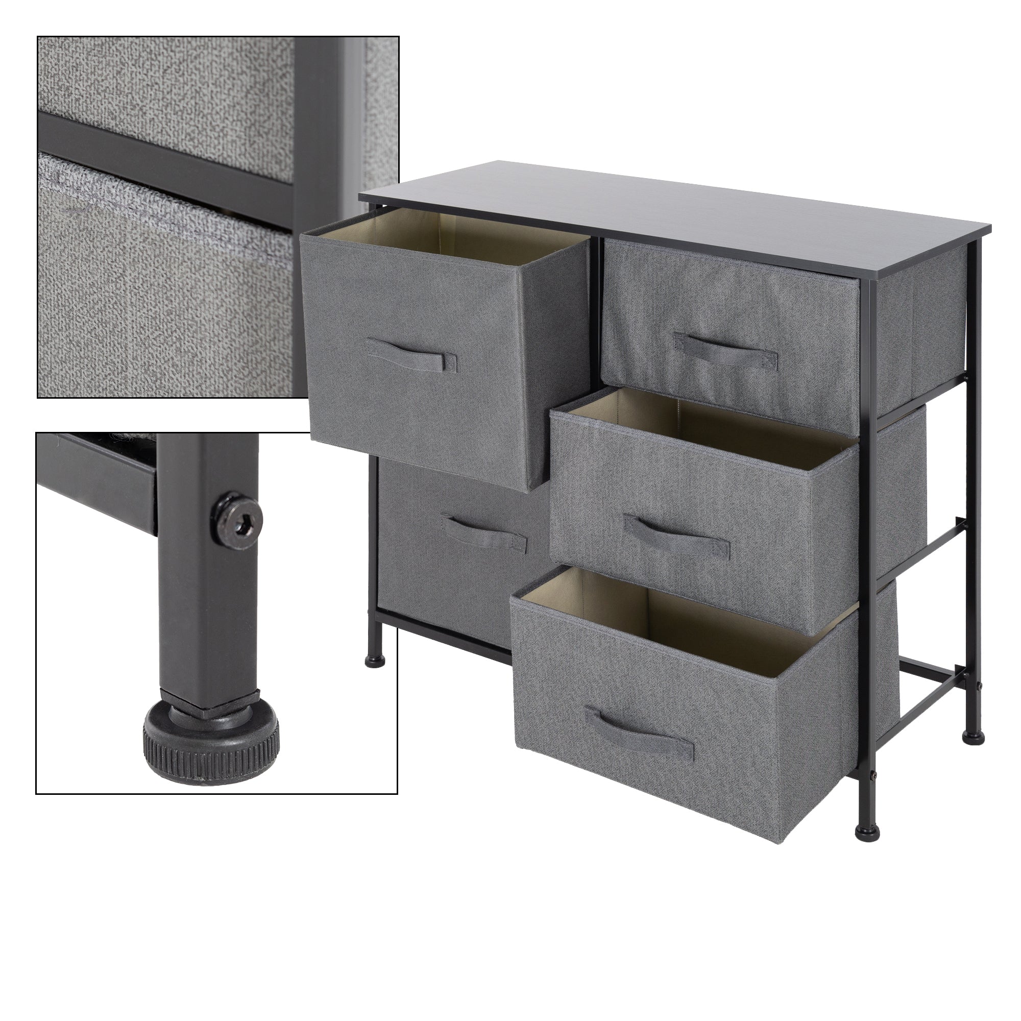 ECD Germany commode 5 tiroirs noire 80x30x70 cm MDF tissu