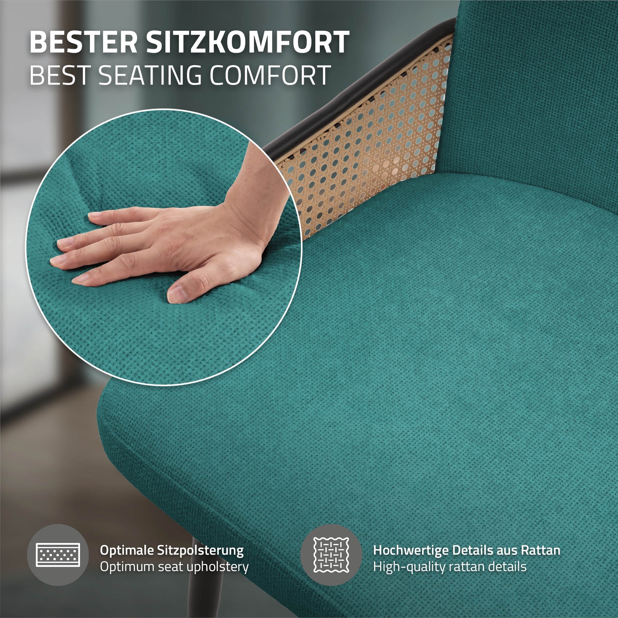 ECD Germany ML-Design chaises salle à manger pétrole lot 4 tissu rotin