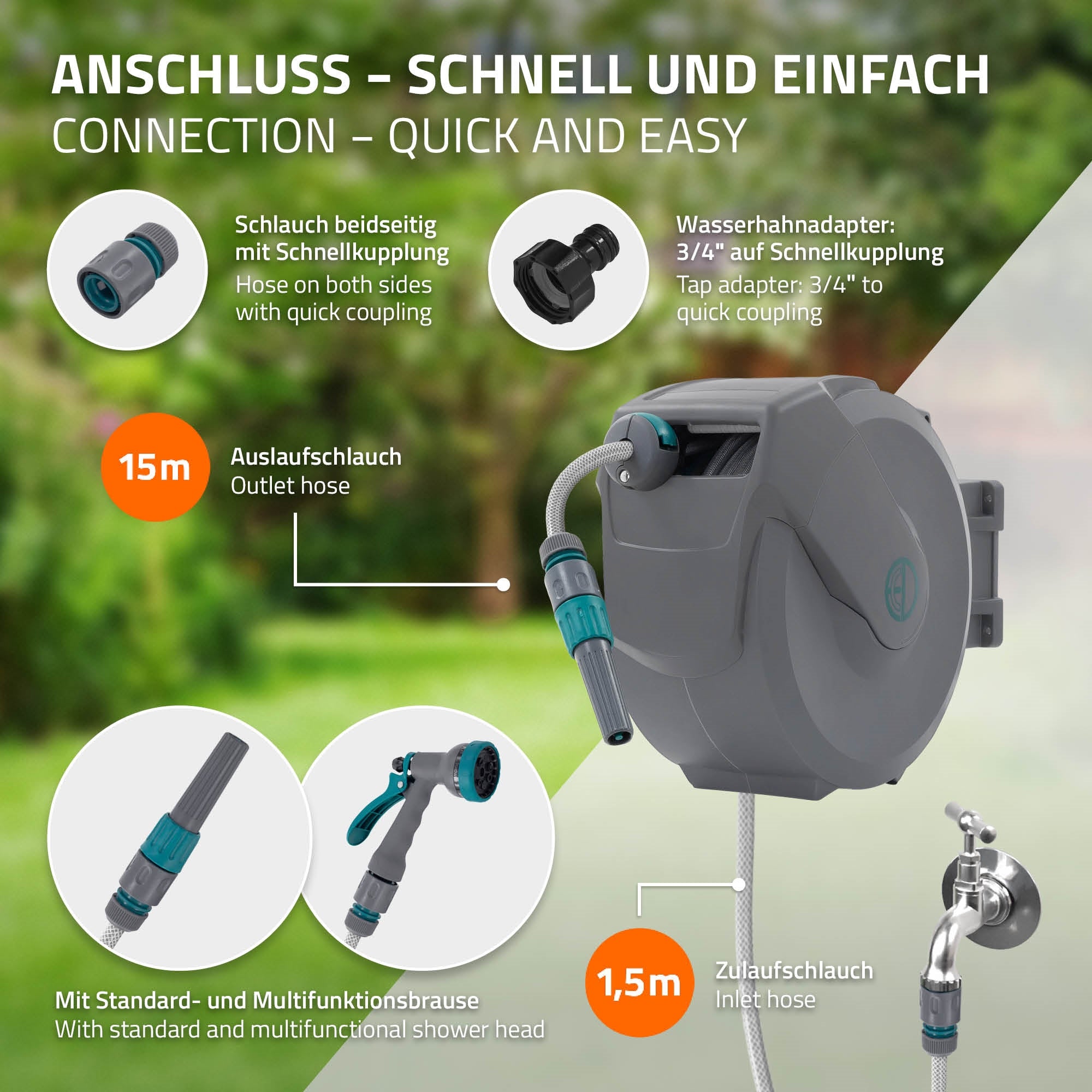 ECD Germany Garten enrouleur tuyau 15 m mural auto 7 jets
