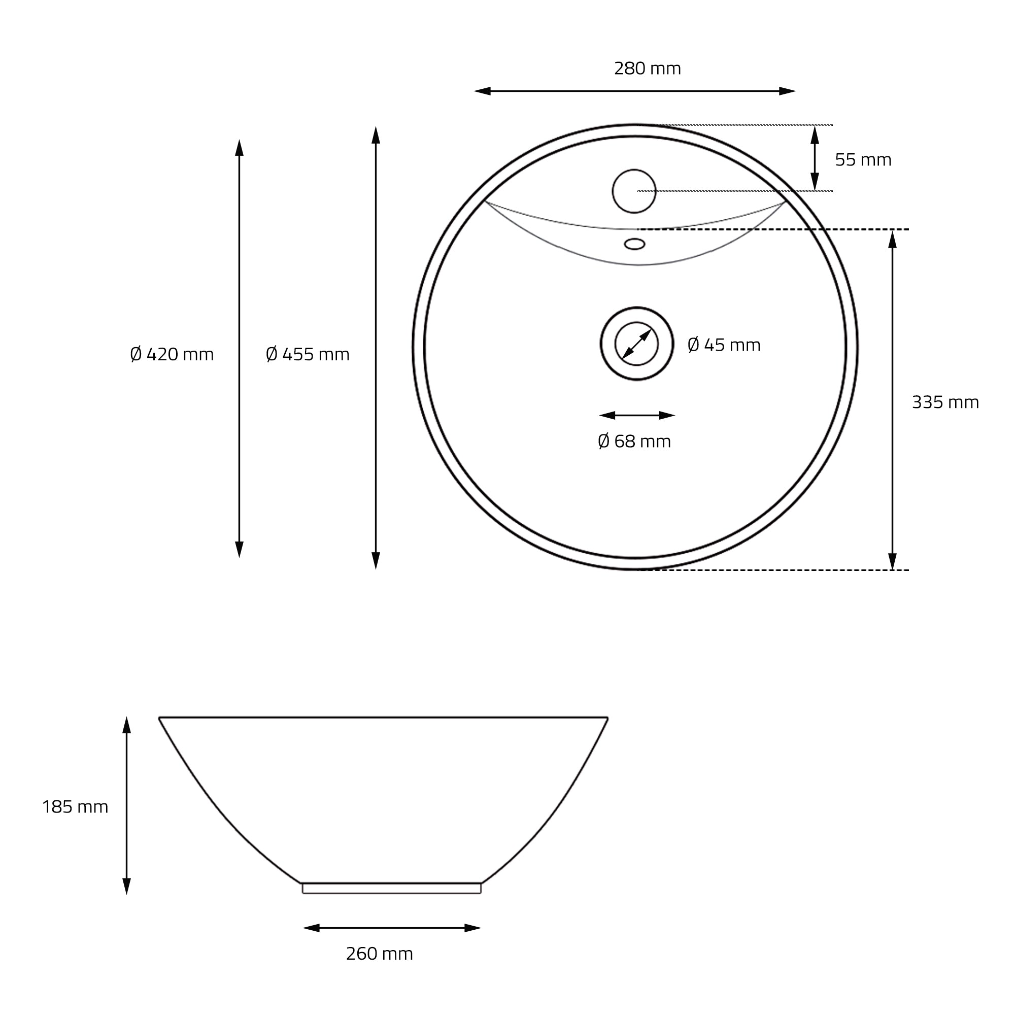 ECD Germany ML-Design vasque ronde noire 45,5 cm + bonde