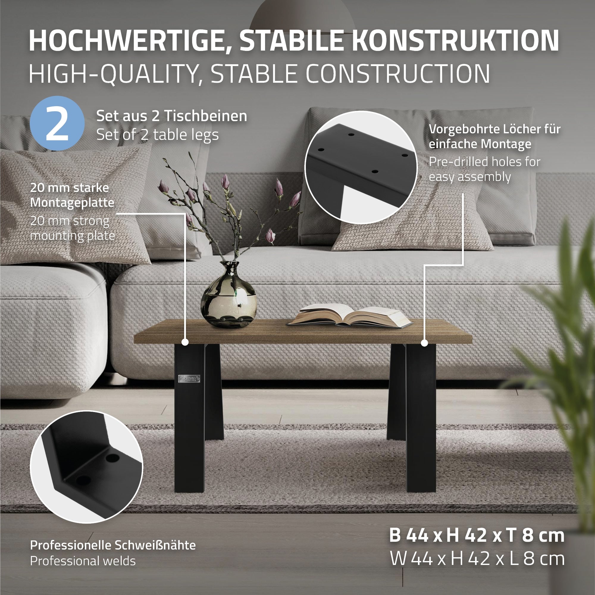 ML-Design pieds table trapèze acier noir 75x72 cm lot de 2