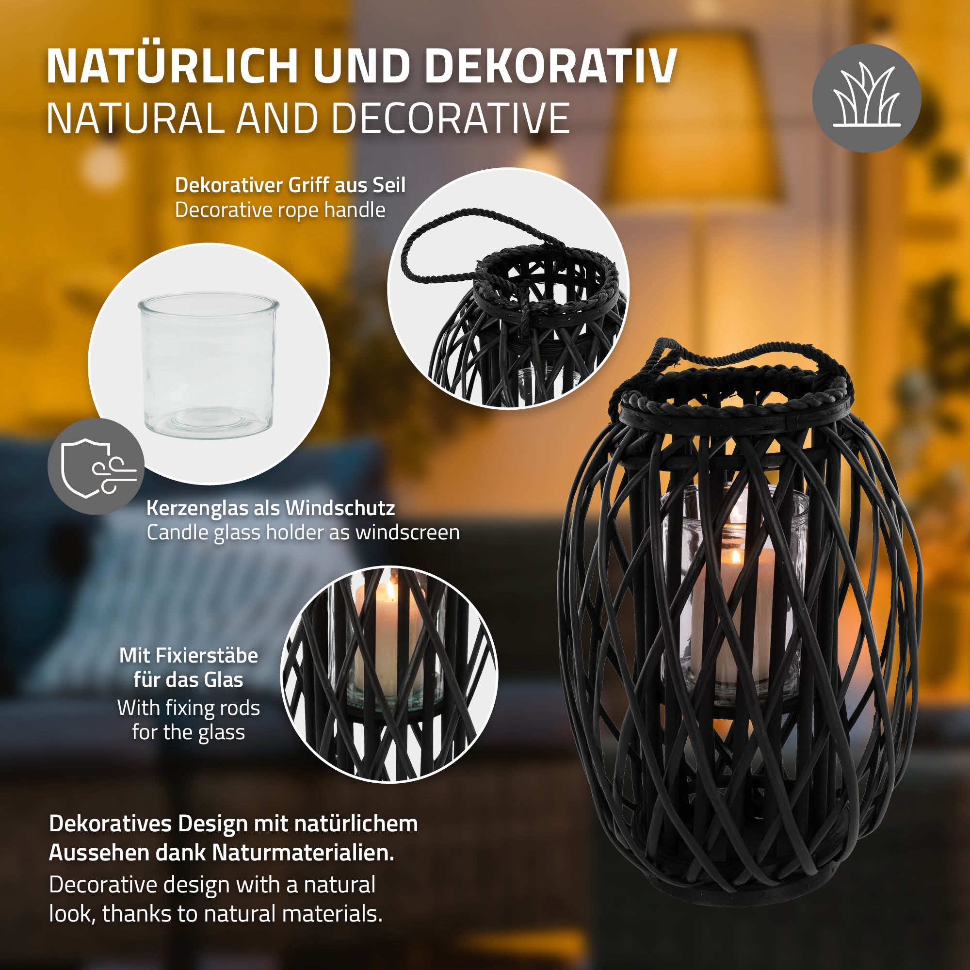 ECD Germany Garten Lanterne rotin noir 40 cm avec anse