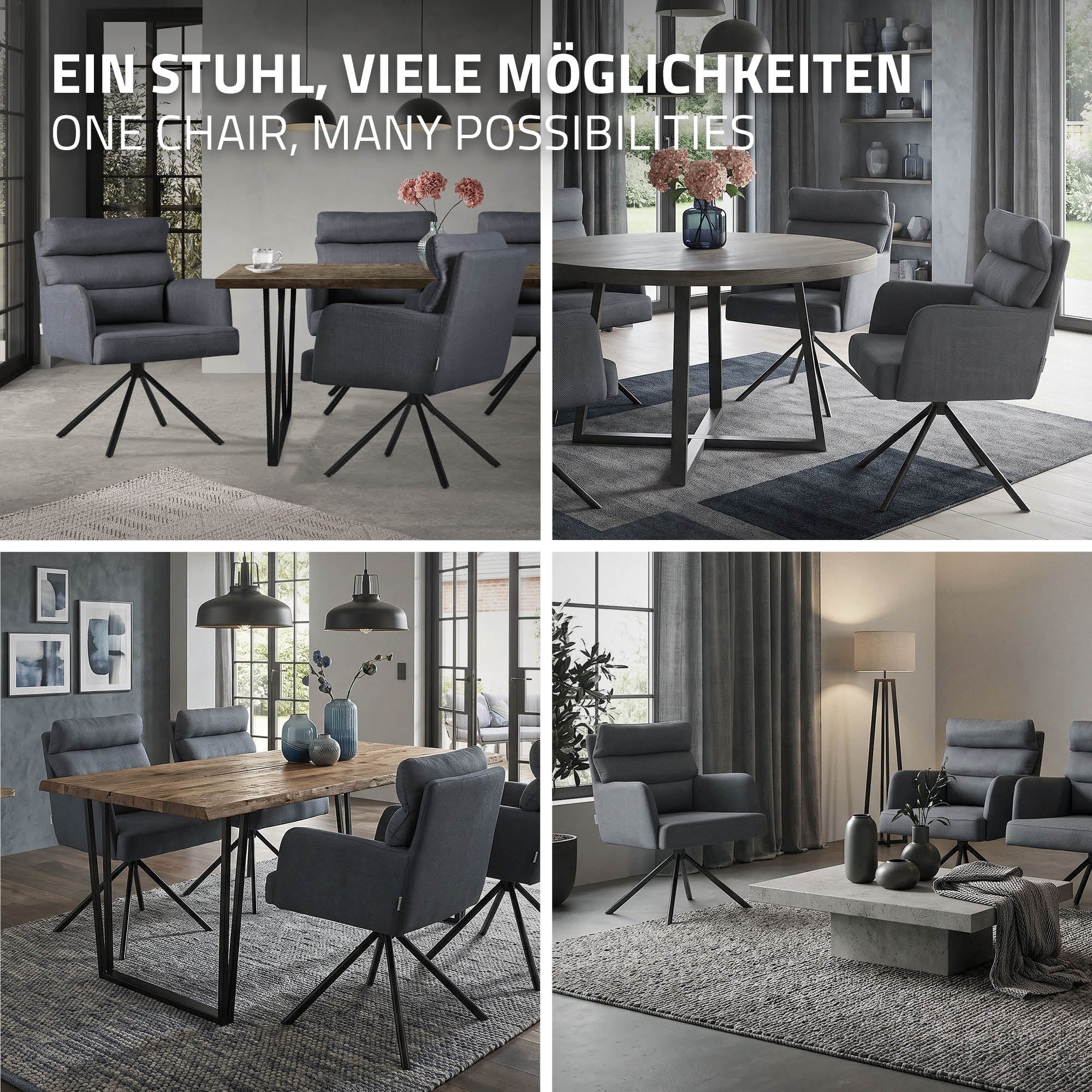 ECD Germany Chaise salle à manger pivotante anthracite 120kg