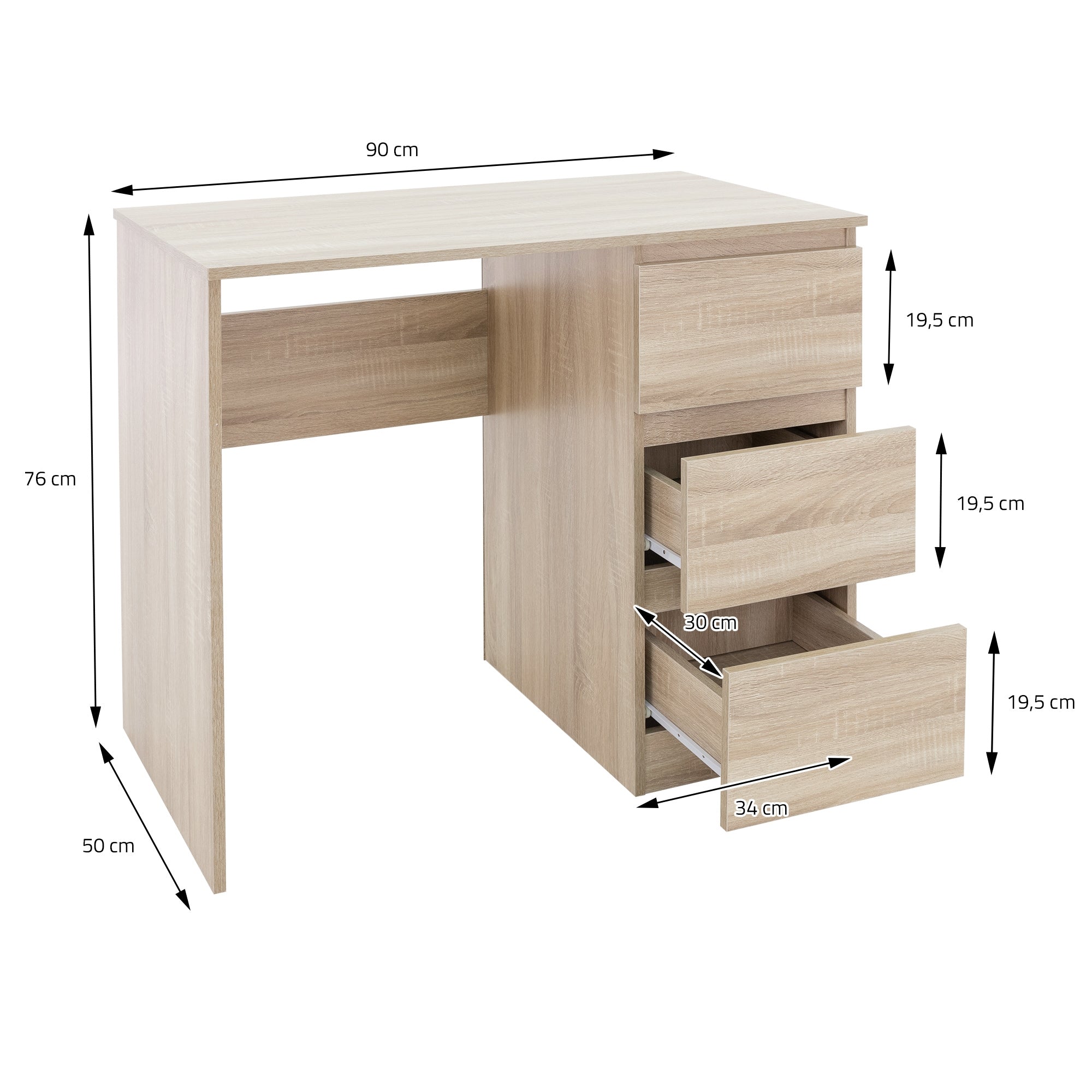 ML-Design bureau 3 tiroirs chêne Sonoma 90x76x50 cm bois