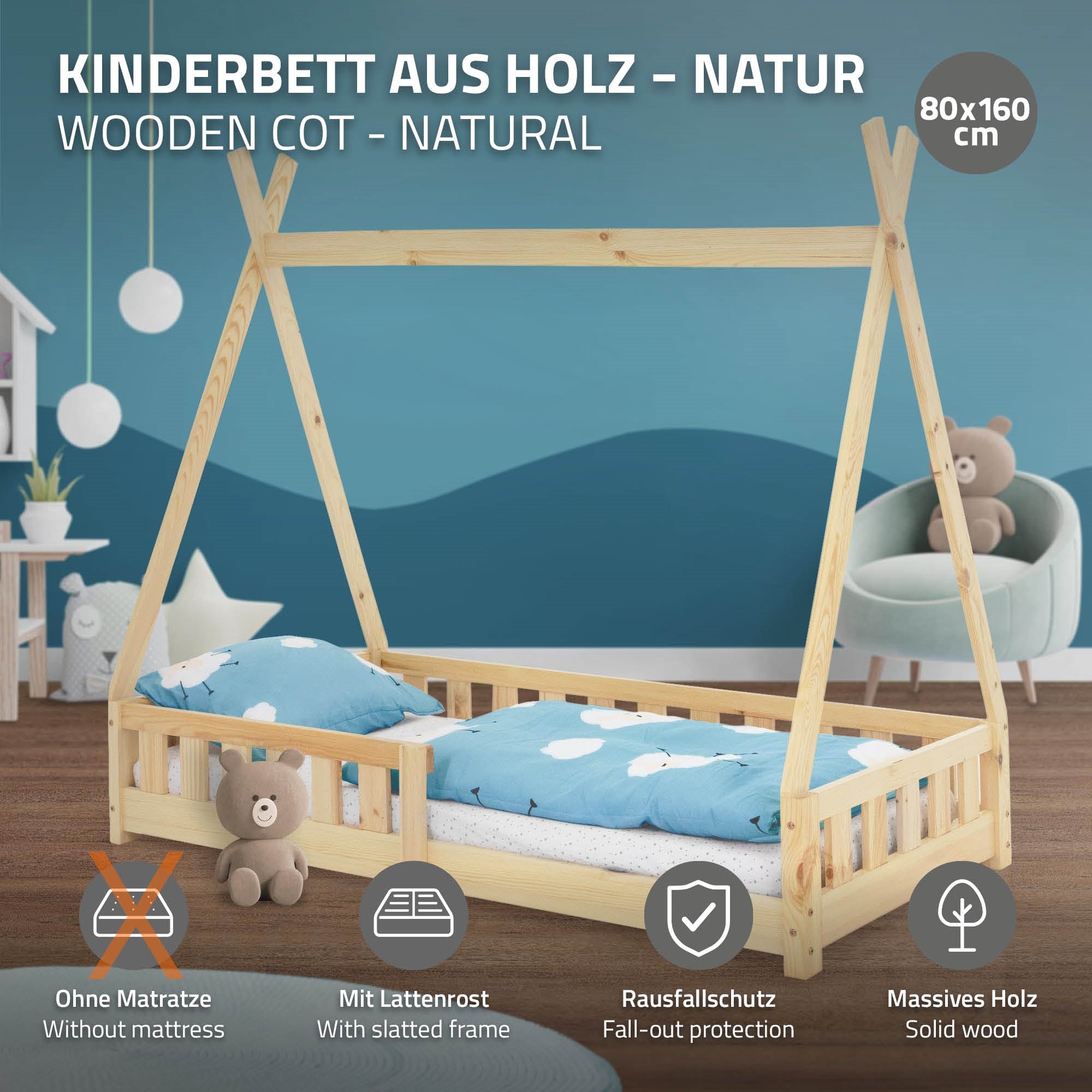 ECD Germany Kinder Lit Tipi Enfant 80x160 cm Pin avec Barrière
