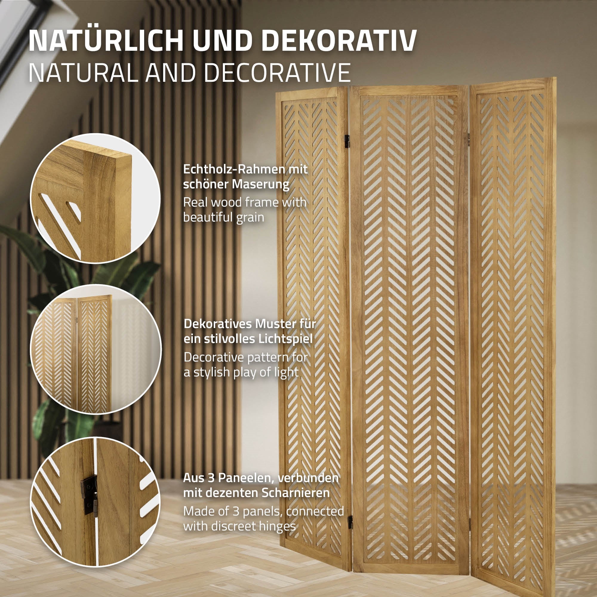 ECD Germany Kobe paravent bois 3 panneaux marron 170x121 cm