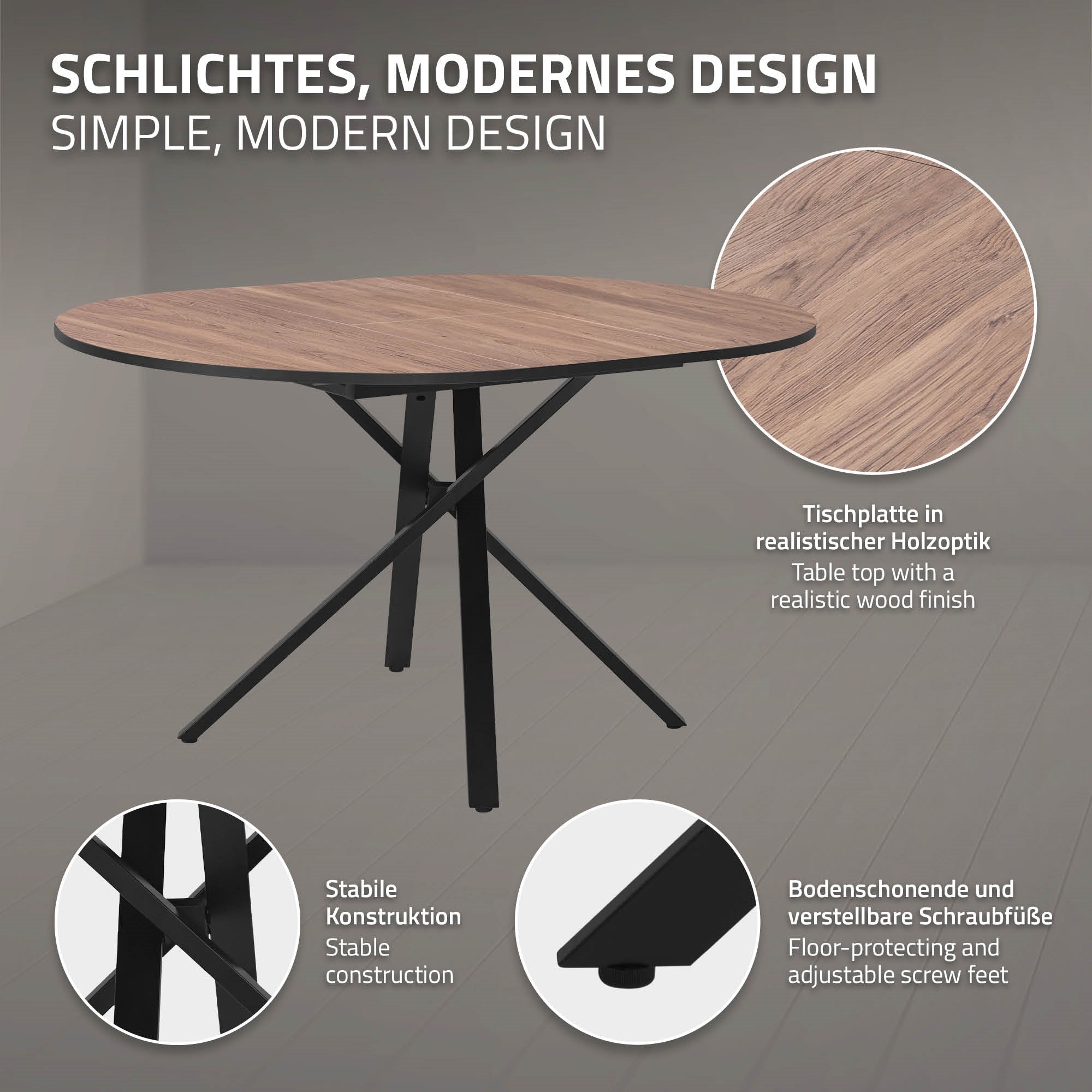 ECD Germany ML-Design table à manger ronde extensible 100-140 marron