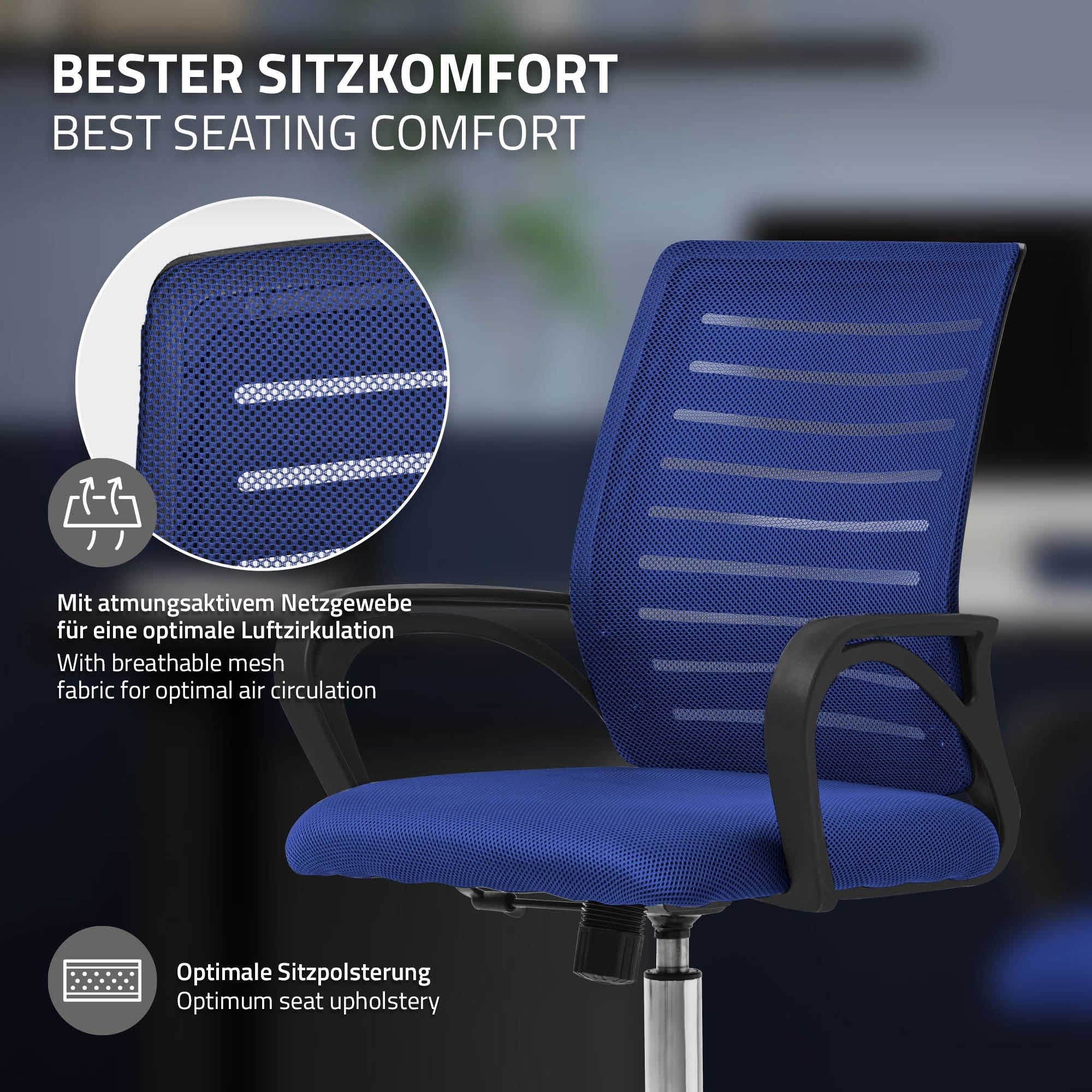 ML-Design chaise bureau ergonomique filet bleu à roulettes accoudoirs